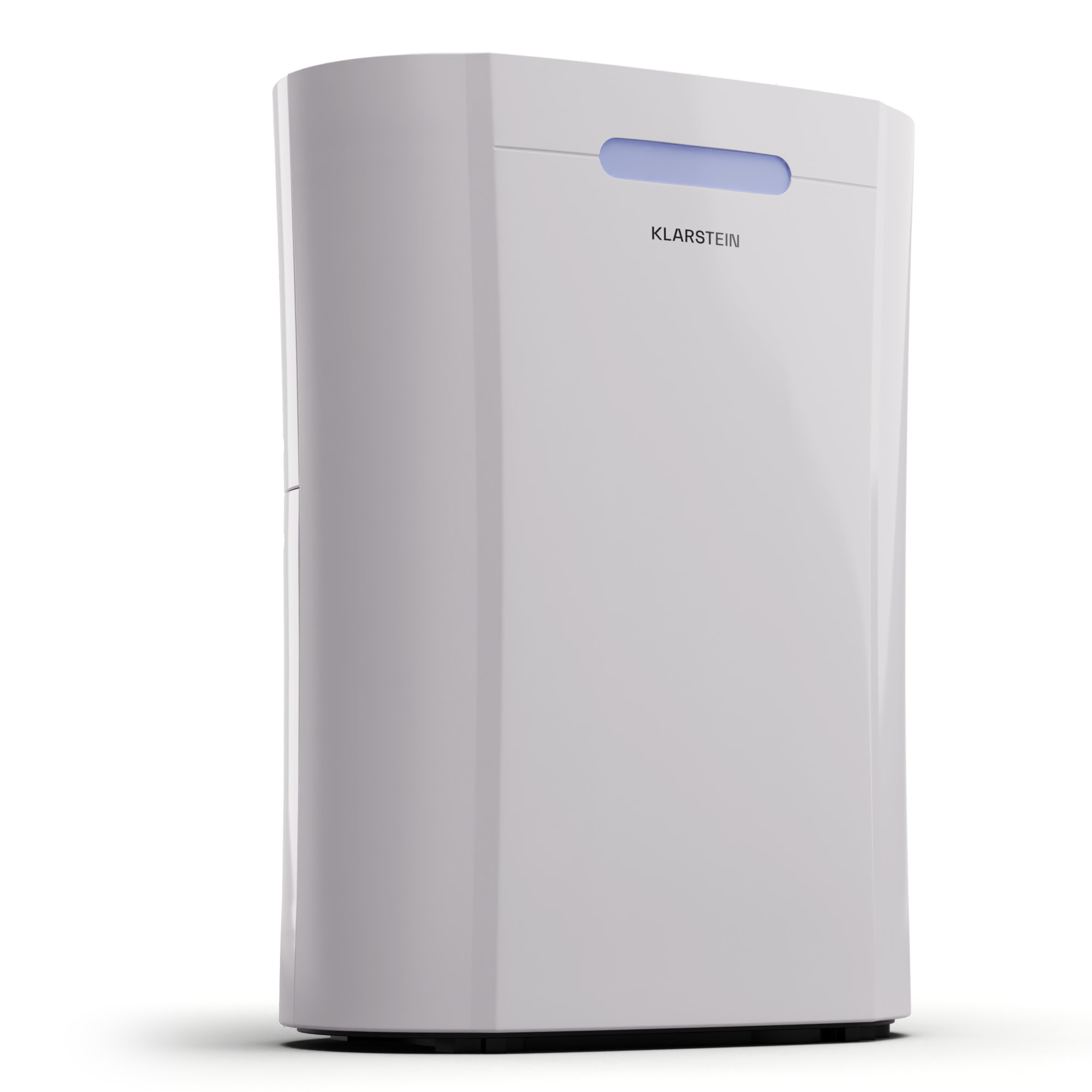 Un purificador de aire blanco con la marca Klarstein en la parte delantera. Tiene un diseño rectangular simple.