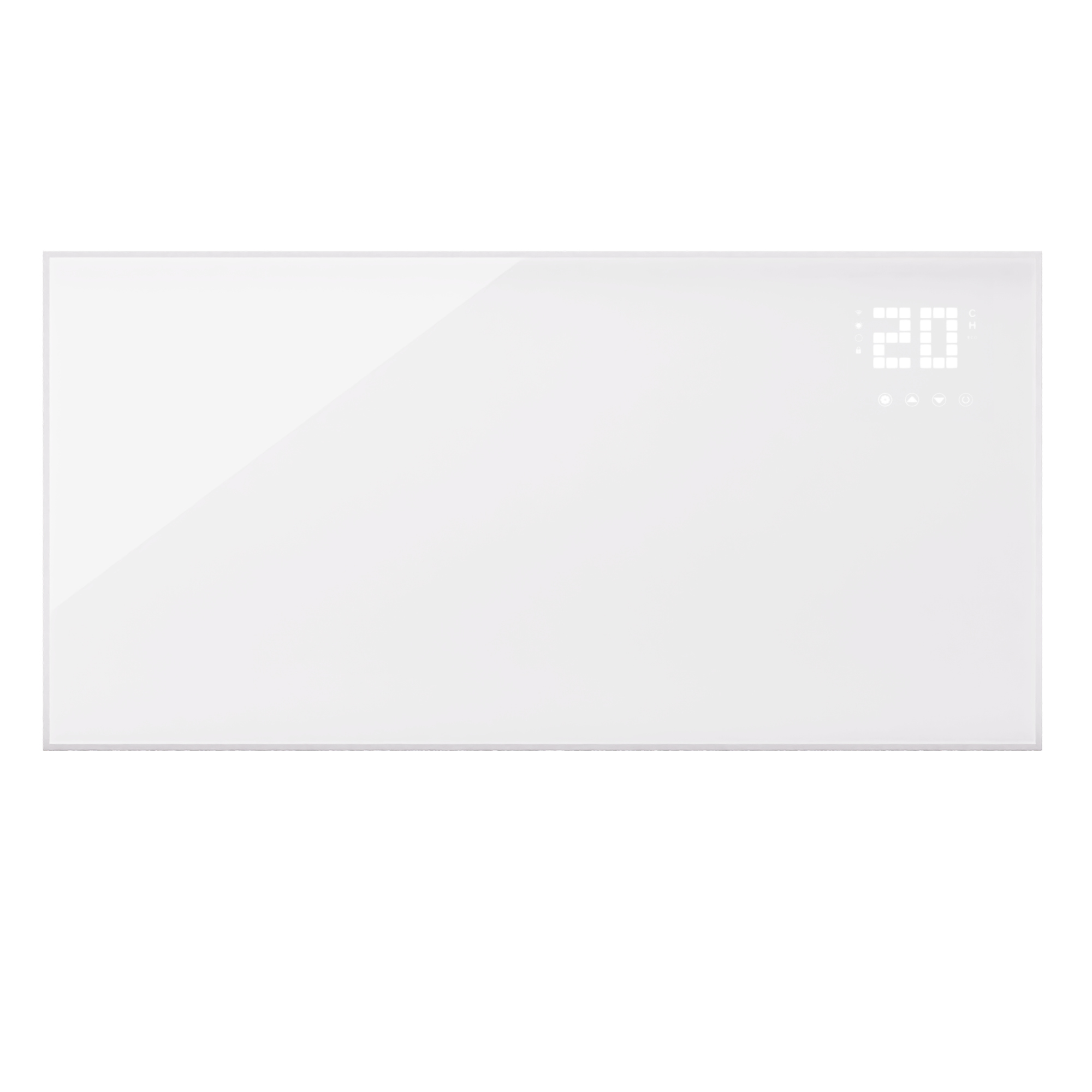 Termosifone rettangolare bianco con display digitale che mostra '20', su sfondo bianco.