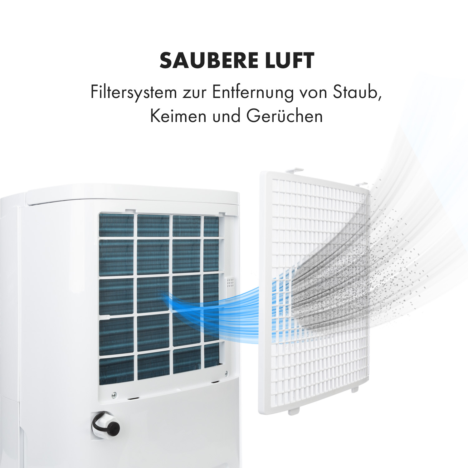Purificatore d'aria bianco con filtro rimosso, che mostra i componenti interni.