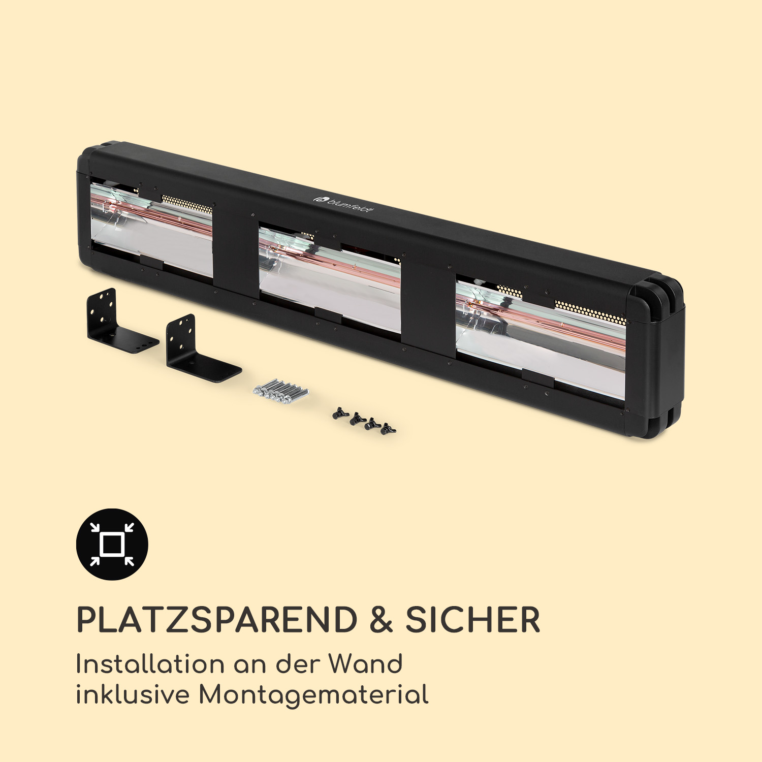Schwarzer Wandheizkörper mit Halterungen und Schrauben, als platzsparend und sicher gekennzeichnet.