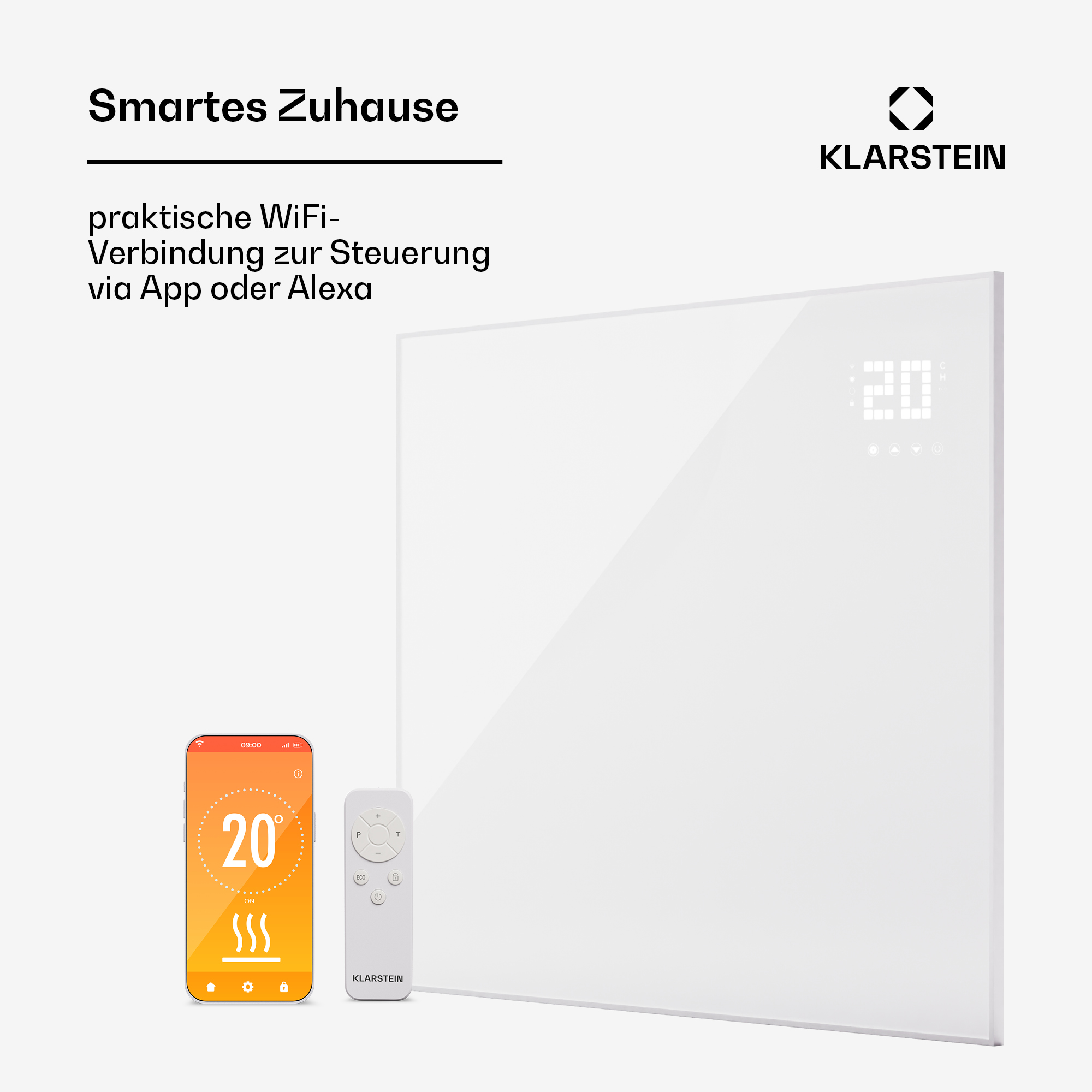 Weißer Smart Home Heizkörper mit Telefon und Fernbedienung. Text besagt WiFi-Verbindung und App-Steuerung.