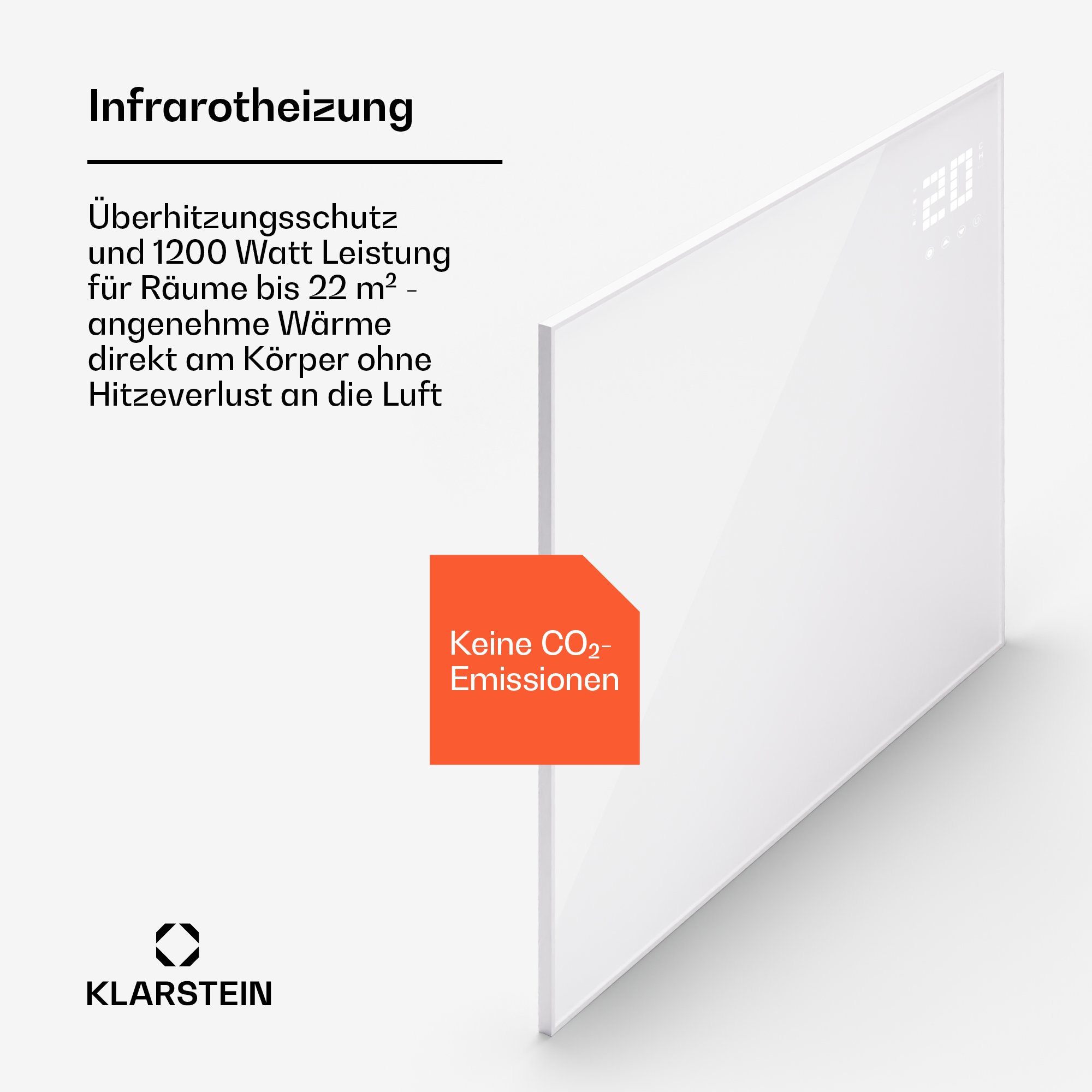 Ein weißer Infrarotheizkörper mit digitaler Anzeige wird vor weißem Hintergrund mit Text gezeigt, der die Funktionen beschreibt.