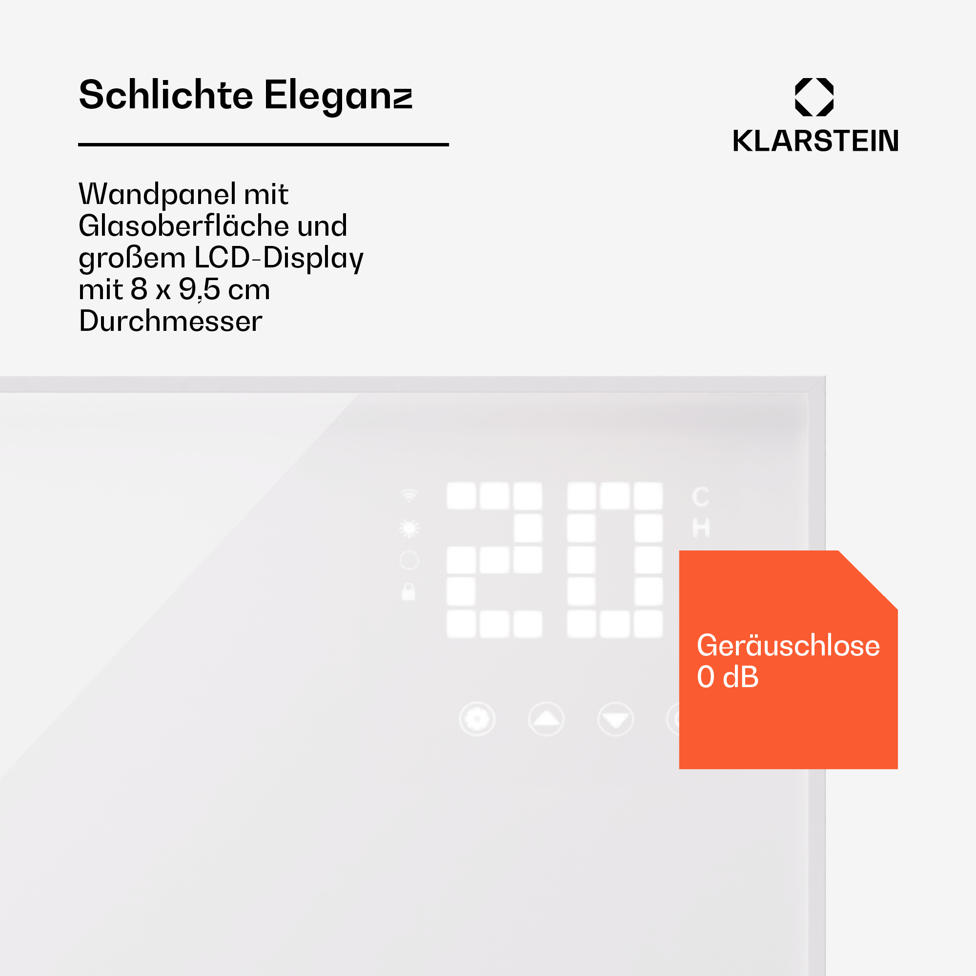 Weißes Wandpaneel mit Digitalanzeige, die 20 anzeigt. Rote Box sagt '0 dB'.