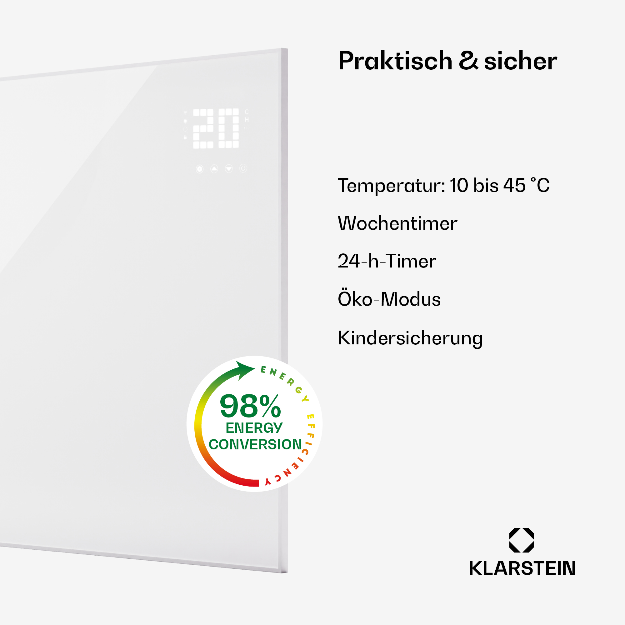 Weißes Glaspaneel mit Digitalanzeige, das Temperatur und Energieeffizienz anzeigt.