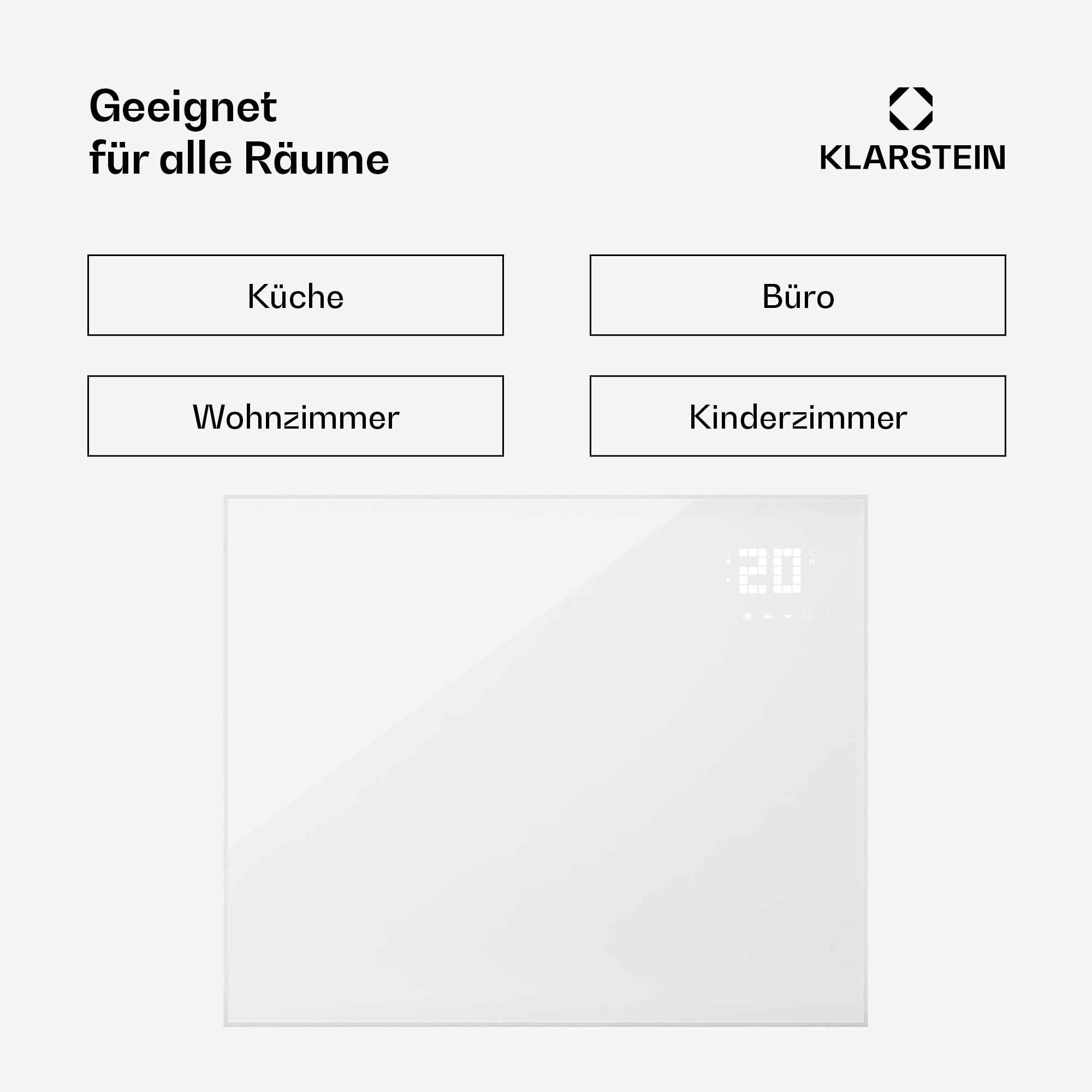Weißes Panel mit 'Klarstein' oben und Knöpfen für verschiedene Räume.