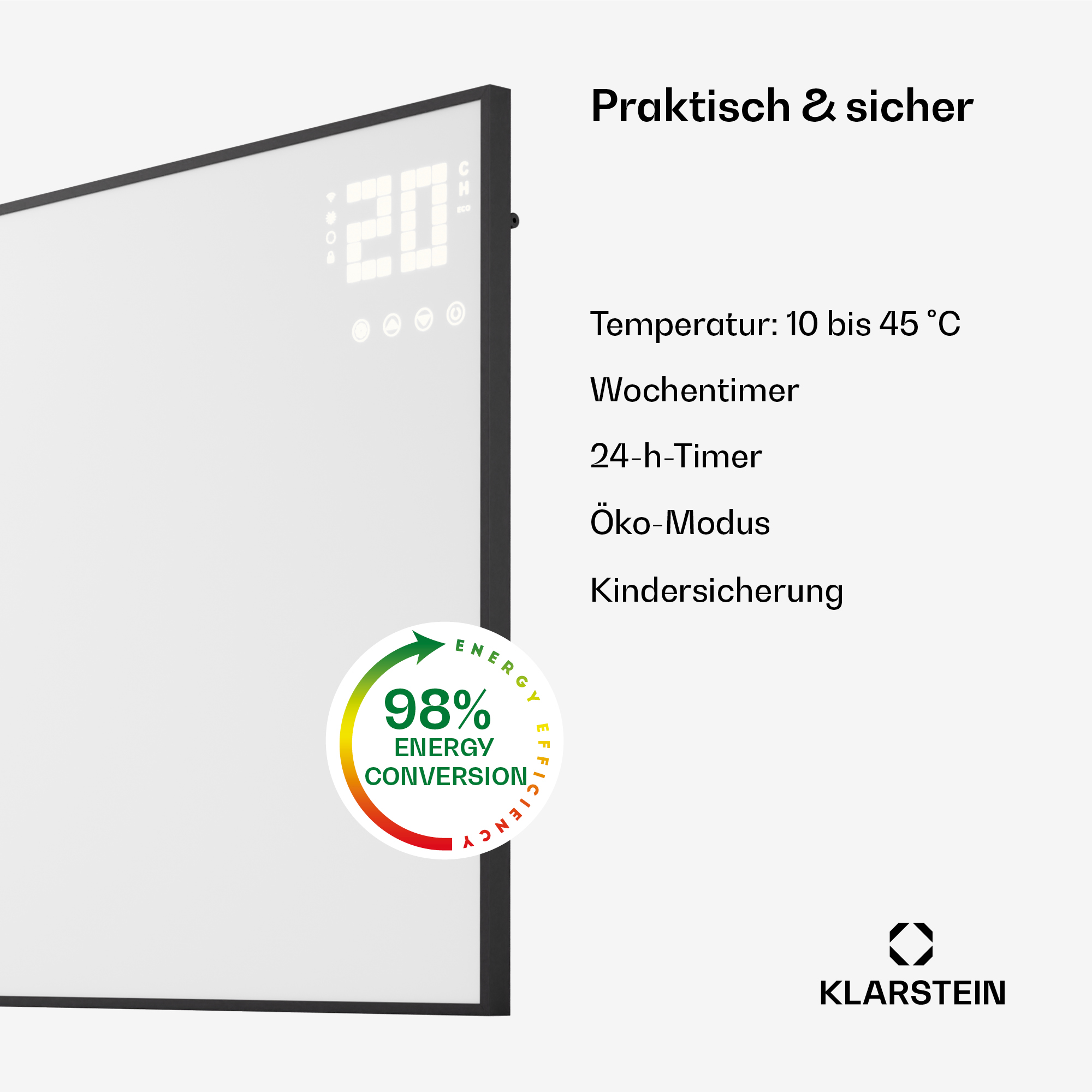 Un termoventilatore elettrico bianco, con display digitale e testo. Mostra l'efficienza energetica.