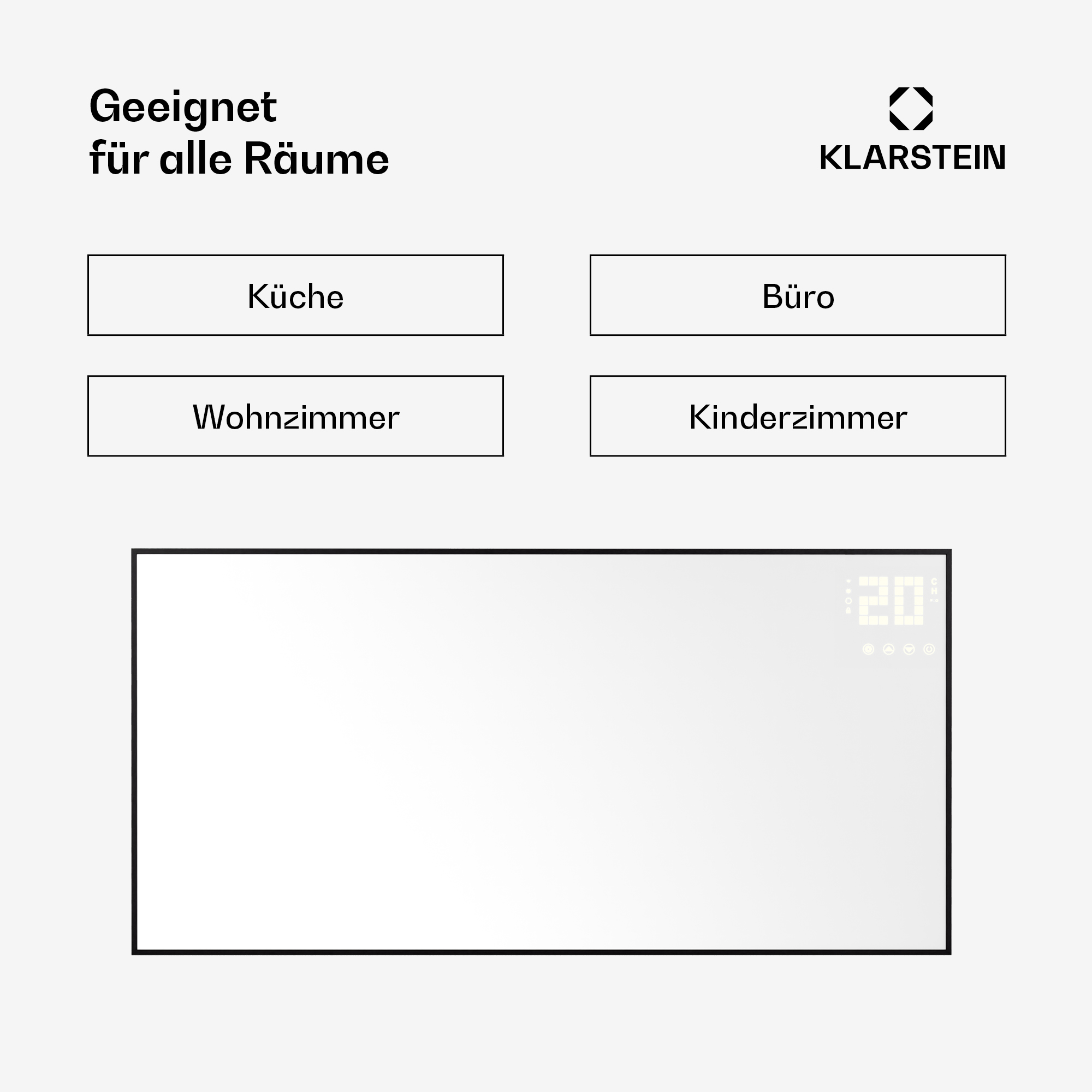 Termosifone smart home bianco con cornice nera, in alto si vedono le scritte Küche, Büro, Wohnzimmer, Kinderzimmer.