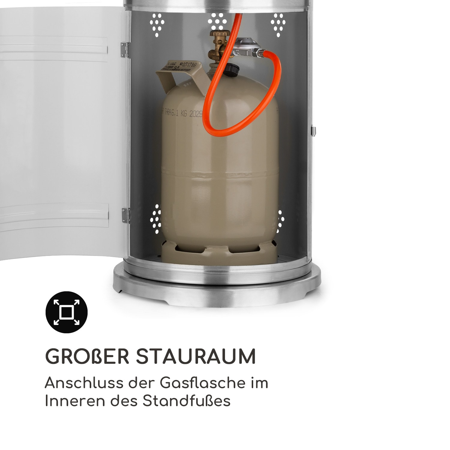 Gasheizung aus Edelstahl, mit Gasbehälter im Inneren und Text, der die Lagerung anzeigt.