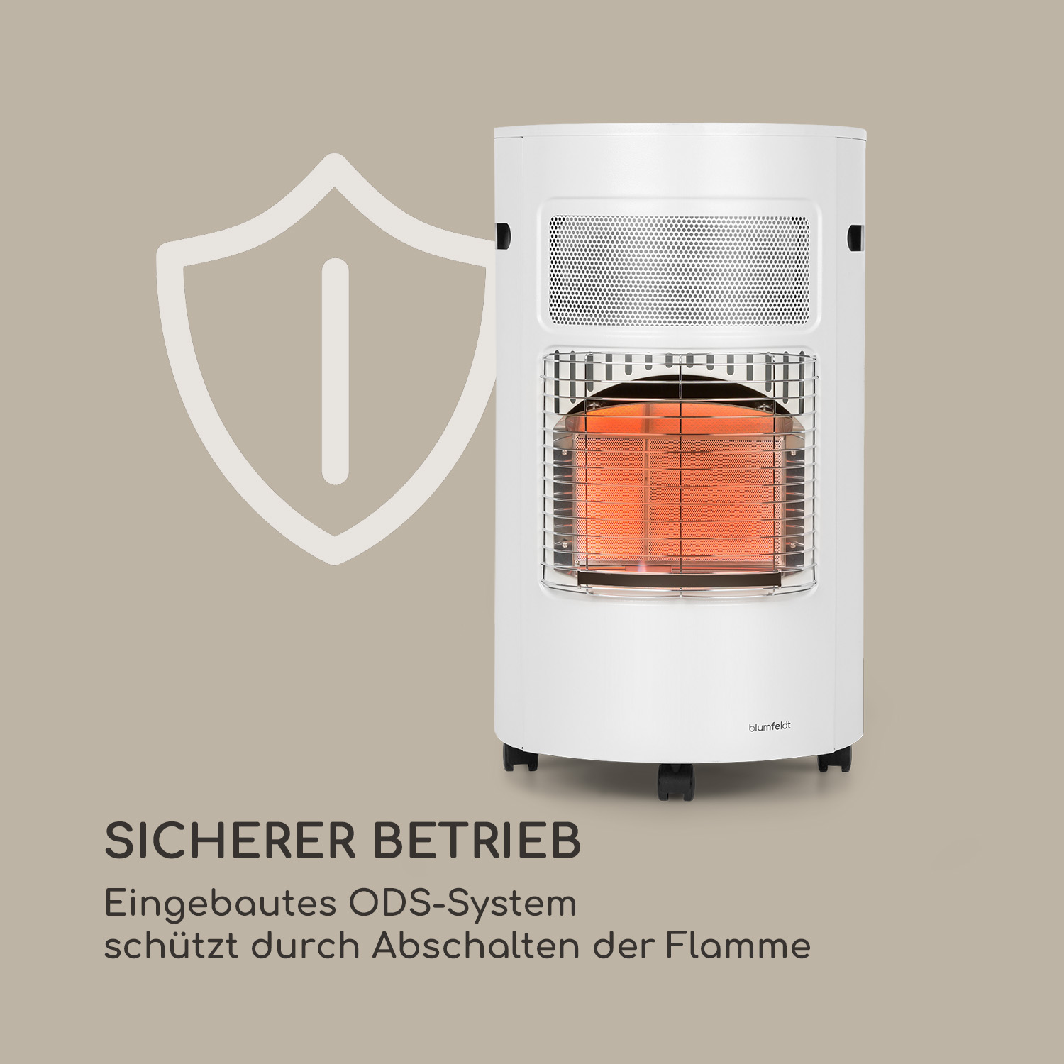 Ein weißer Heizstrahler mit einem Sicherheits-Schirmsymbol. Der Heizstrahler hat eine Netzfront und ein rotes Heizelement.