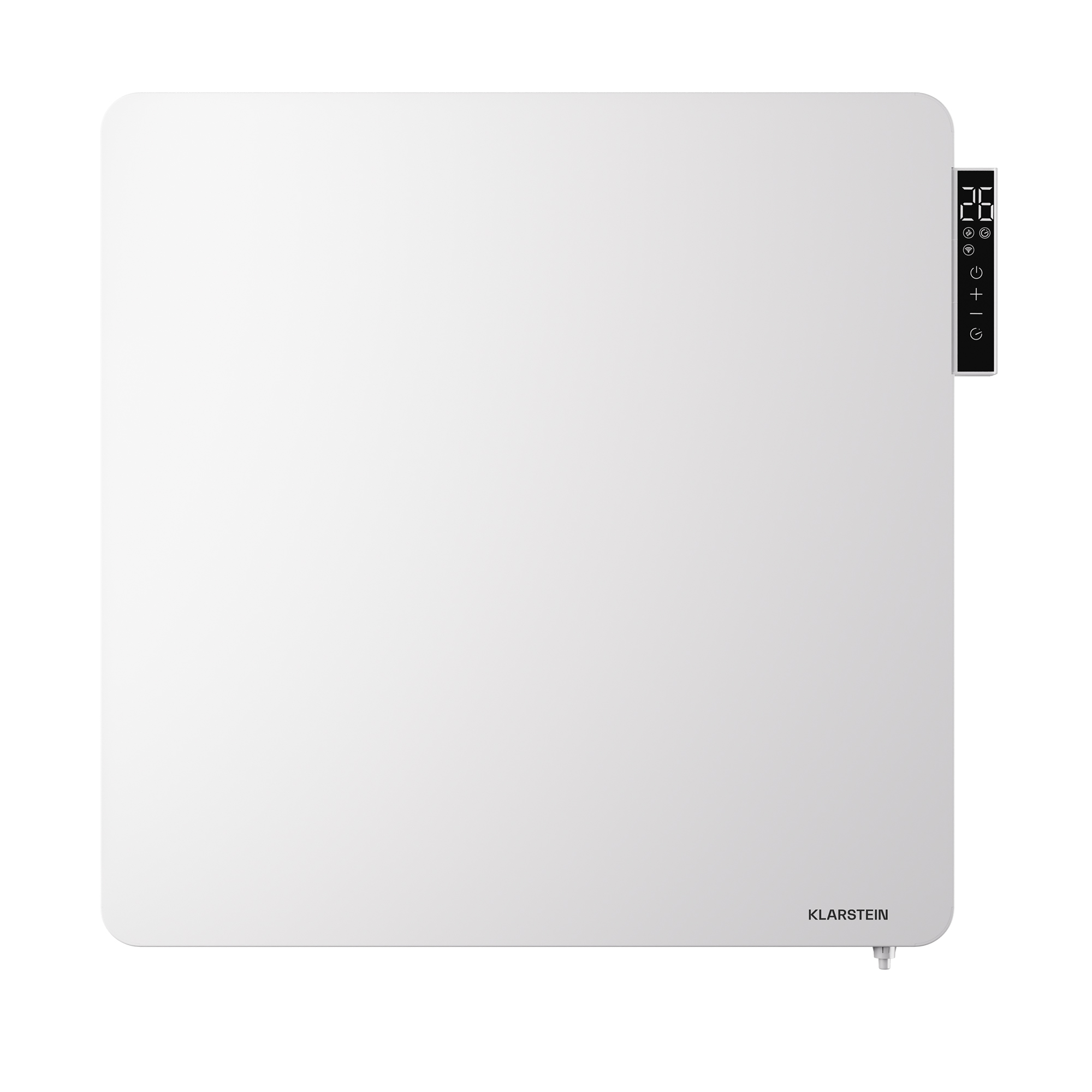 Calentador eléctrico blanco con pantalla digital y botones de control laterales.