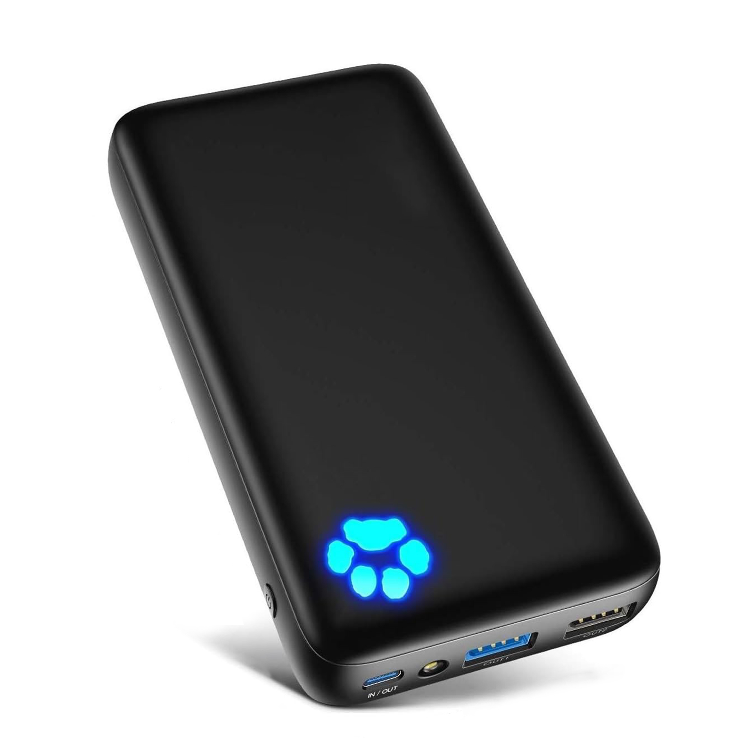 Schwarze tragbare Powerbank mit blauem Pfotenabdruck-Indikator, mit USB-Anschlüssen.