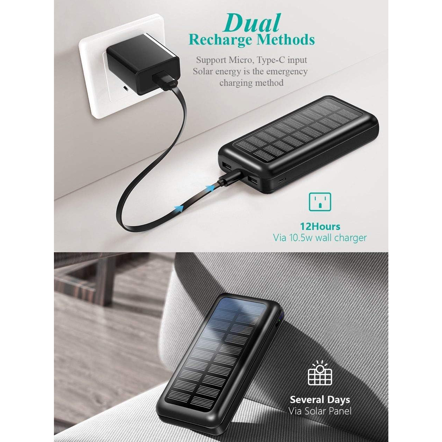 Das Bild zeigt ein solarbetriebenes Ladegerät. Es gibt Ladeanschlüsse und ein Ladekabel. Der Hintergrund ist weiß.