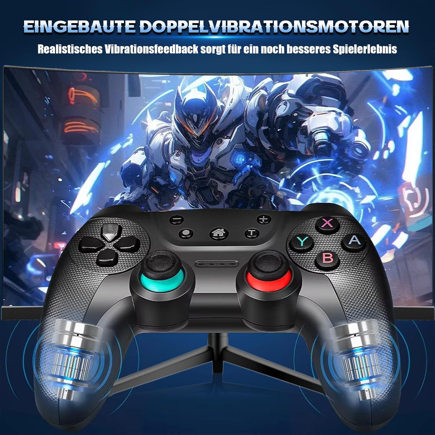 Schwarzer Gaming-Controller mit blauen Lichtern. Ein Bildschirm im Hintergrund.