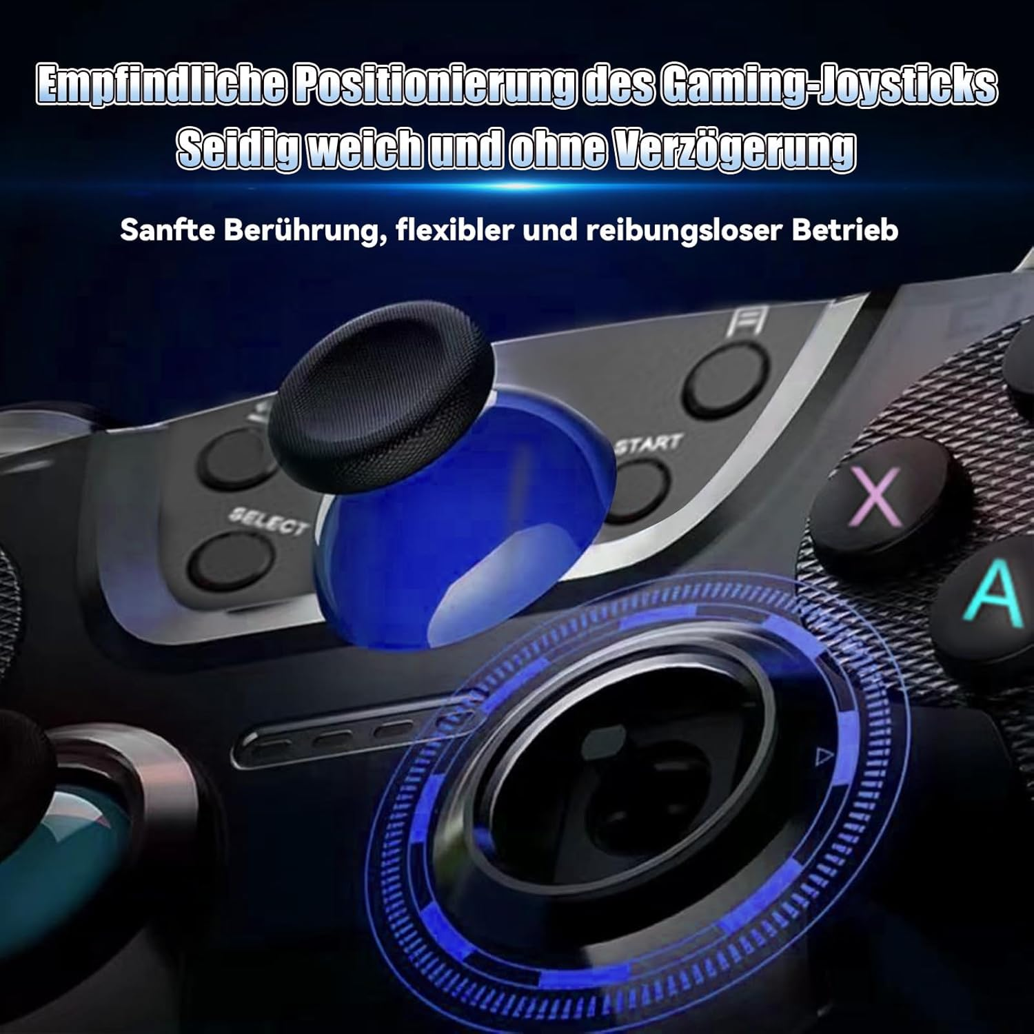 Gaming-Controller mit blauem Joystick und schwarzen Tasten, blau beleuchtet.