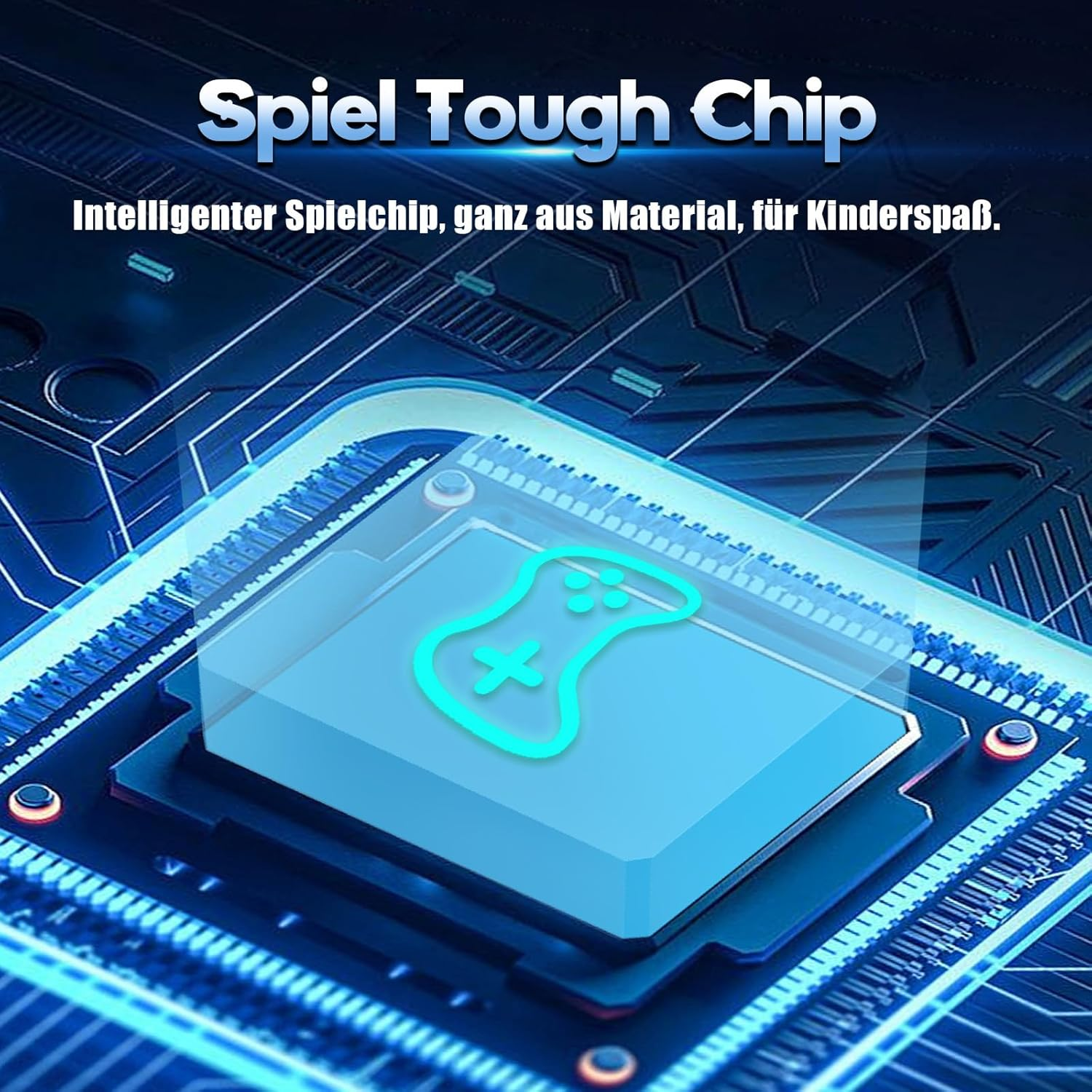 Gaming-Chip. Leiterplatte, blaues Leuchten. Joystick-Symbol. Blauer Hintergrund.