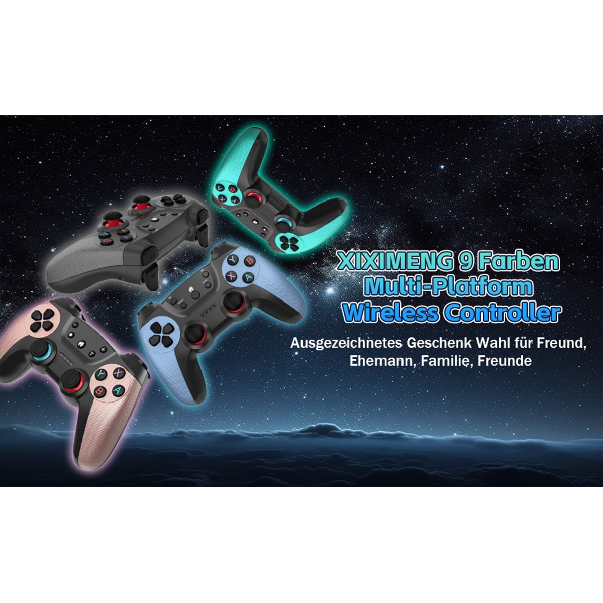 Multi-Plattform-Wireless-Controller in verschiedenen Farben, vor einem sternenreichen Hintergrund beworben.