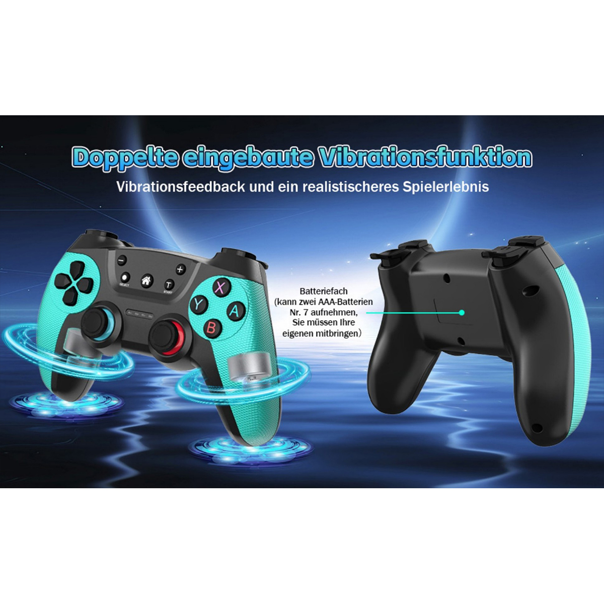 Zwei schwarze und türkisblaue Gamecontroller mit Text und Pfeilen, auf blauem Grund.