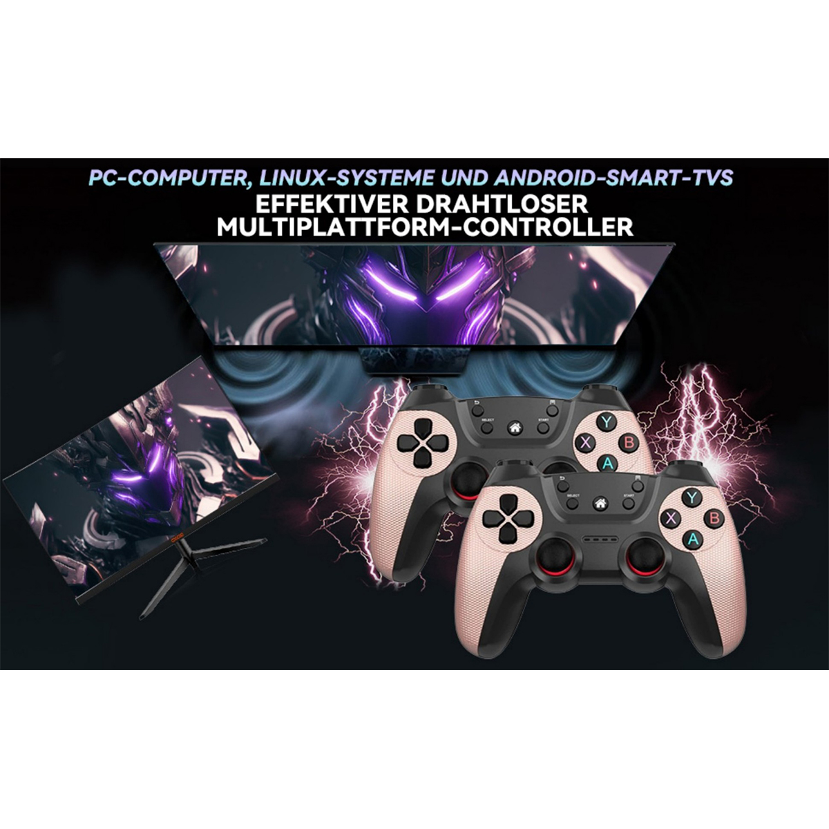 Gaming-Controller mit einem Computerbildschirm, der eine Gaming-Oberfläche mit lila Beleuchtung anzeigt.