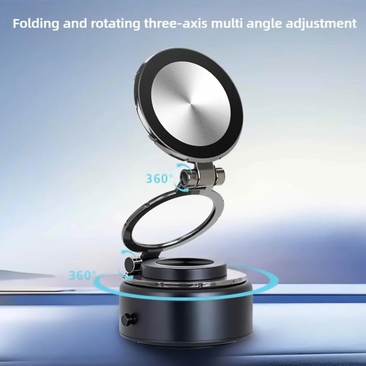Un soporte de anillo para teléfono negro y plateado, ajustable y giratorio con ángulos de 360 grados.