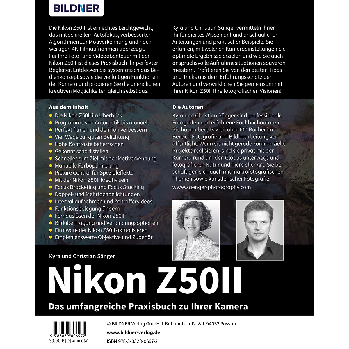 Buchcover mit Informationen zur Nikon Z50II Kamera. Enthält Fotos der Autoren. Das Cover ist weiß, schwarz, gelb mit Text.