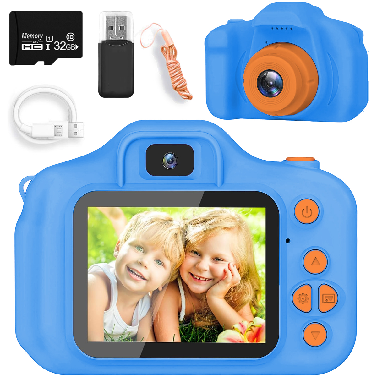 Fotocamera blu con dettagli arancioni. Ha uno schermo con due bambini sorridenti.