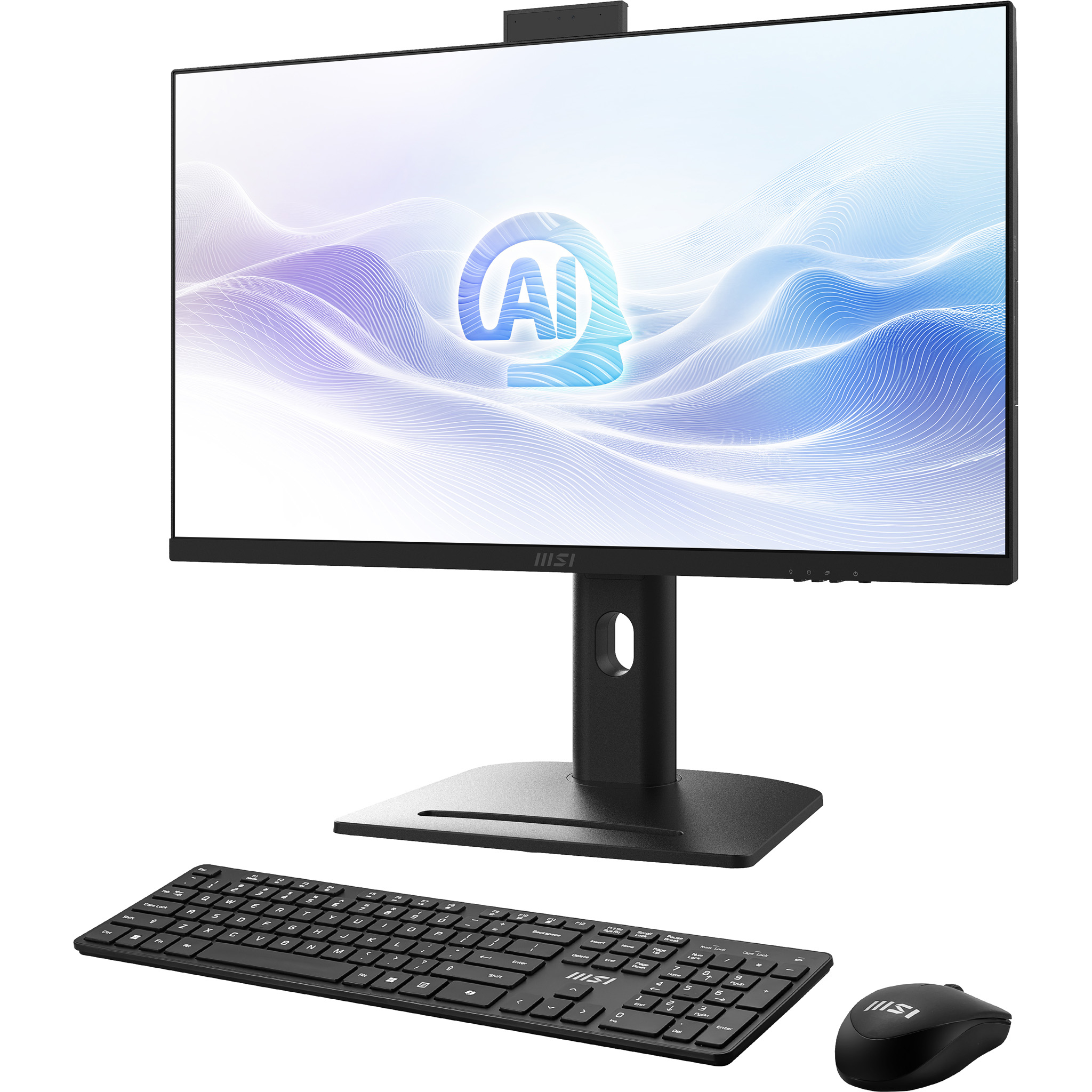Computer MSI all-in-one nero con tastiera e mouse. Grafica AI visualizzata sullo schermo.