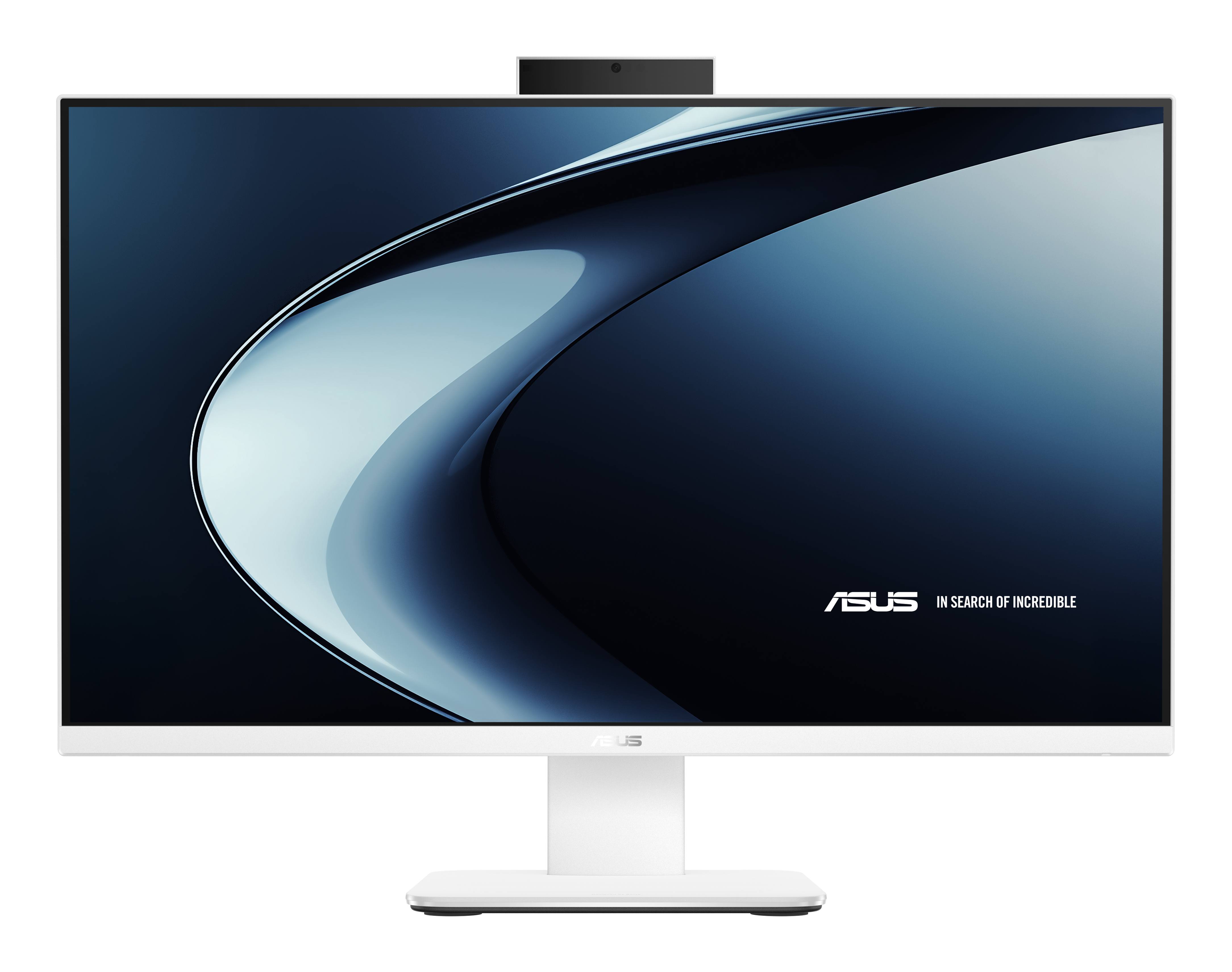 Biały komputer ASUS all-in-one z klawiaturą i myszką, abstrakcyjne niebiesko-białe tło.