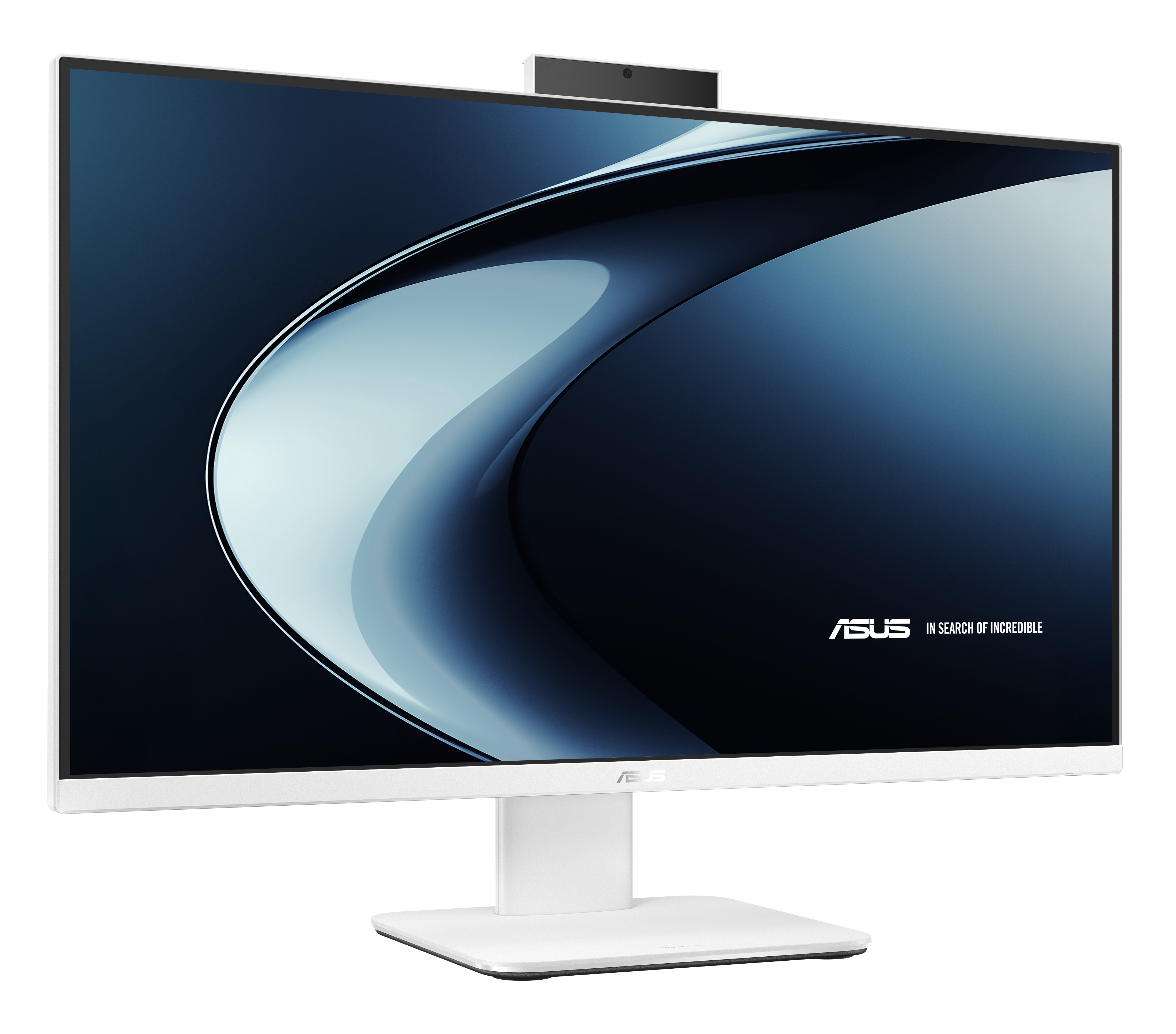 Biały komputer ASUS all-in-one z monitorem i podstawą, pokazujący ciemnoniebieską i białą grafikę.