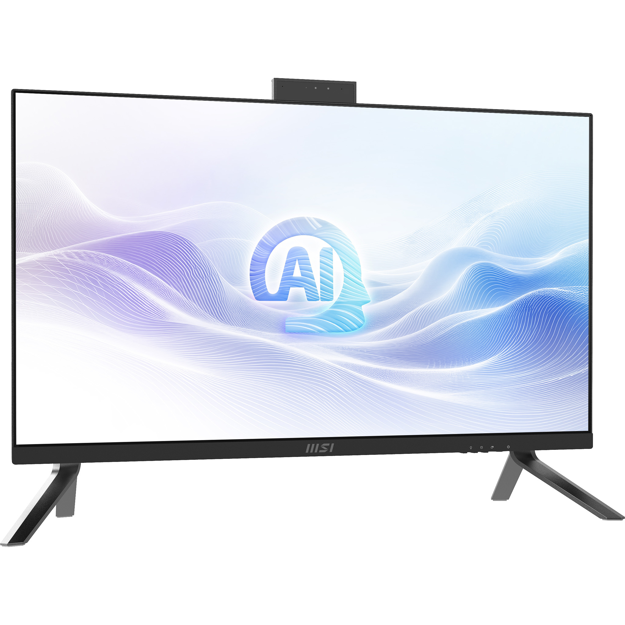 Monitor de computadora negro con logo de IA. Dos patas sostienen el monitor. Fondo blanco.