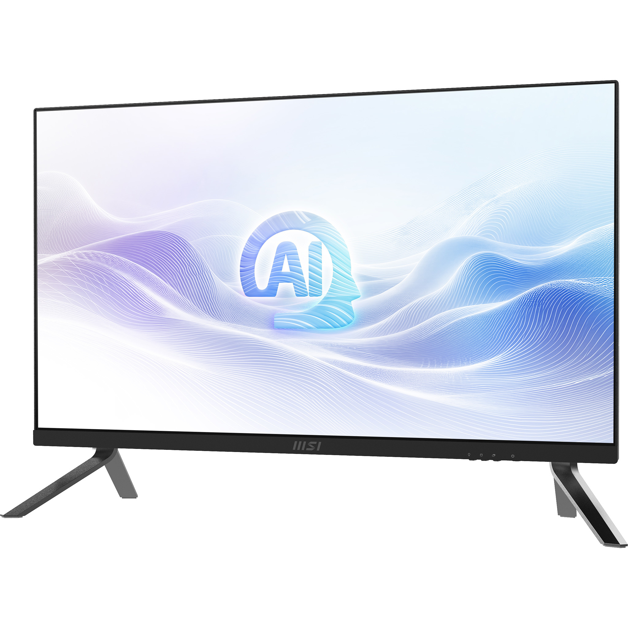 Monitor MSI con una pantalla que muestra un logotipo de IA estilizado. Marco y soporte negros.