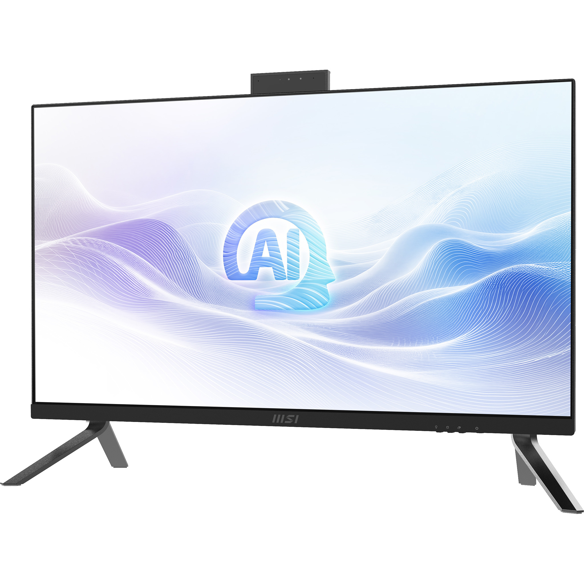 Ordenador todo en uno negro con logo de IA en la pantalla. Tiene webcam integrada.
