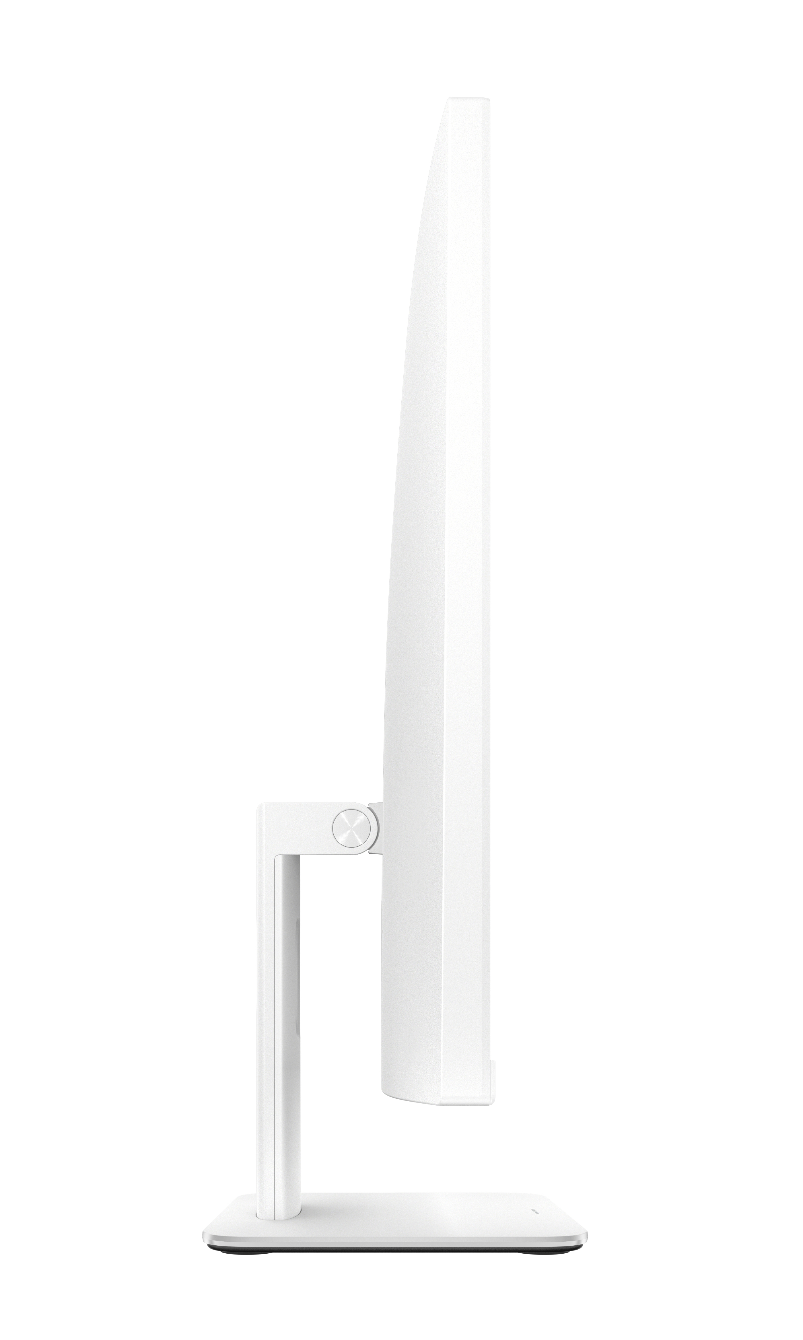 Widok z boku białego monitora PC. Biały stojak.