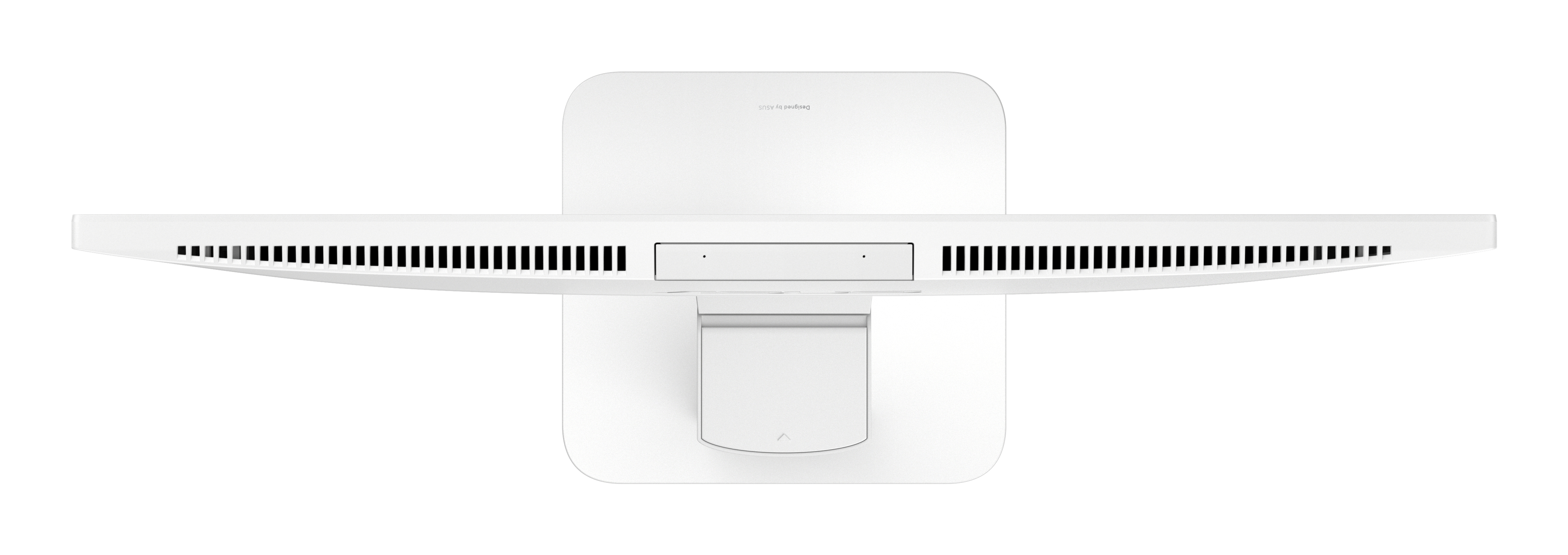 Vista superior de una computadora todo en uno blanca. La pantalla está apagada. Una base blanca la sostiene.