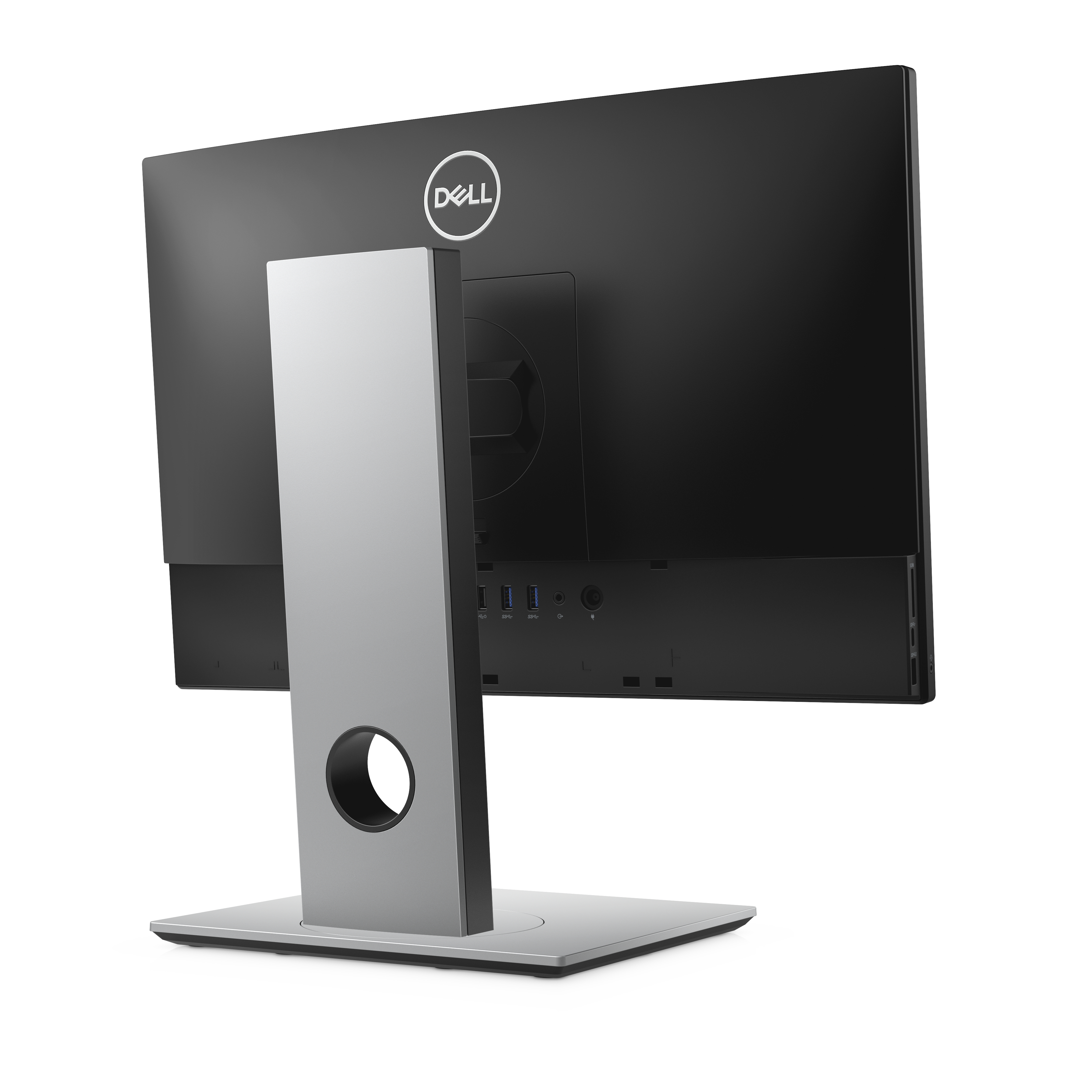 Rear view of a black Dell all-in-one computer. Silver stand with a hole.