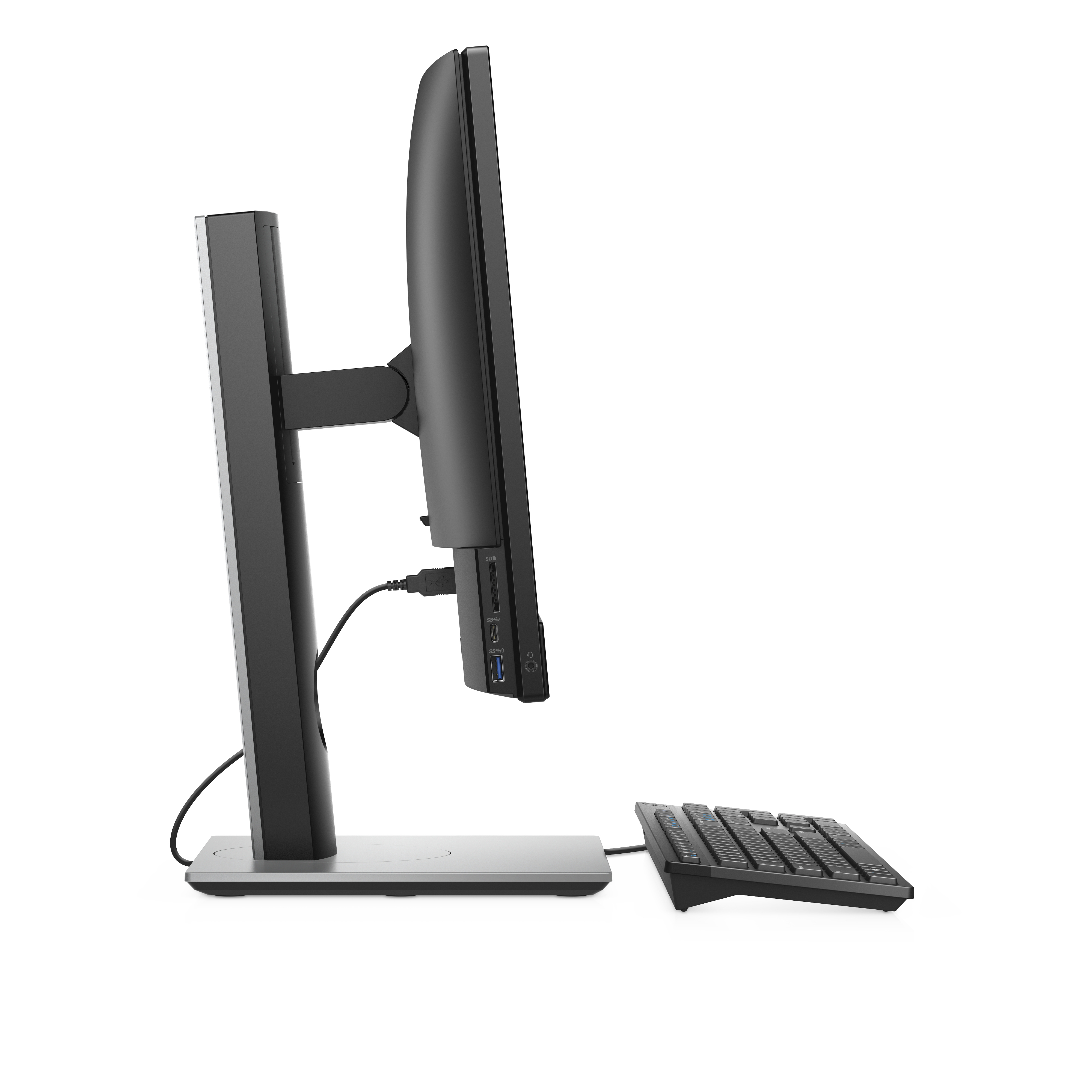 Side view of a black all-in-one computer with a keyboard on the left.