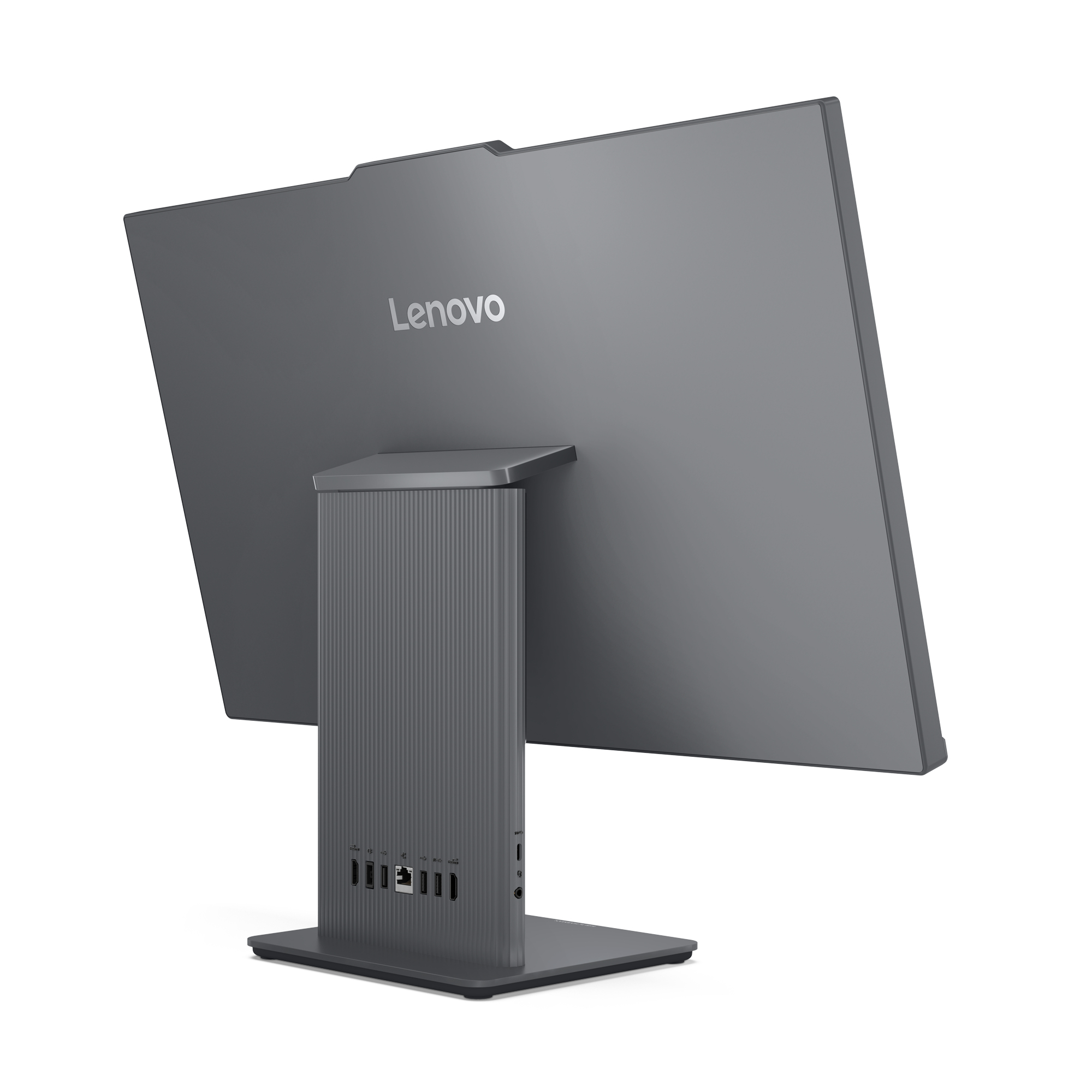 Widok z tyłu ciemnoszarego komputera Lenovo all-in-one na białym tle.