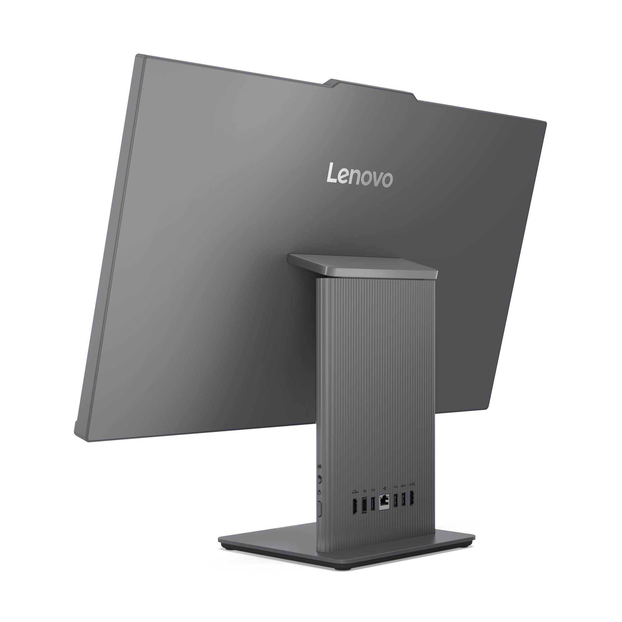 Widok z tyłu komputera Lenovo all-in-one, pokazujący porty i logo Lenovo.