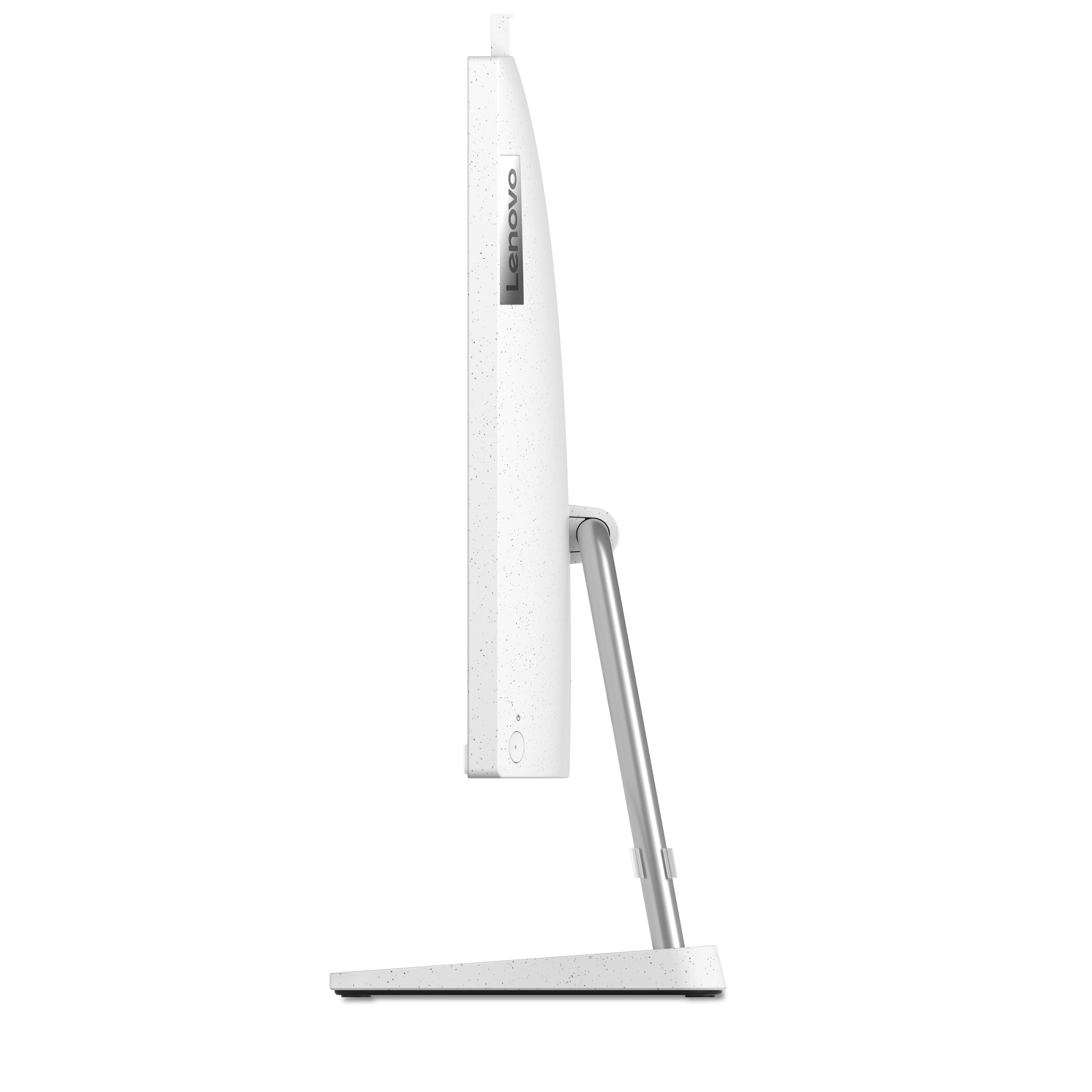 Biały monitor komputera Lenovo z boku. Białe tło.