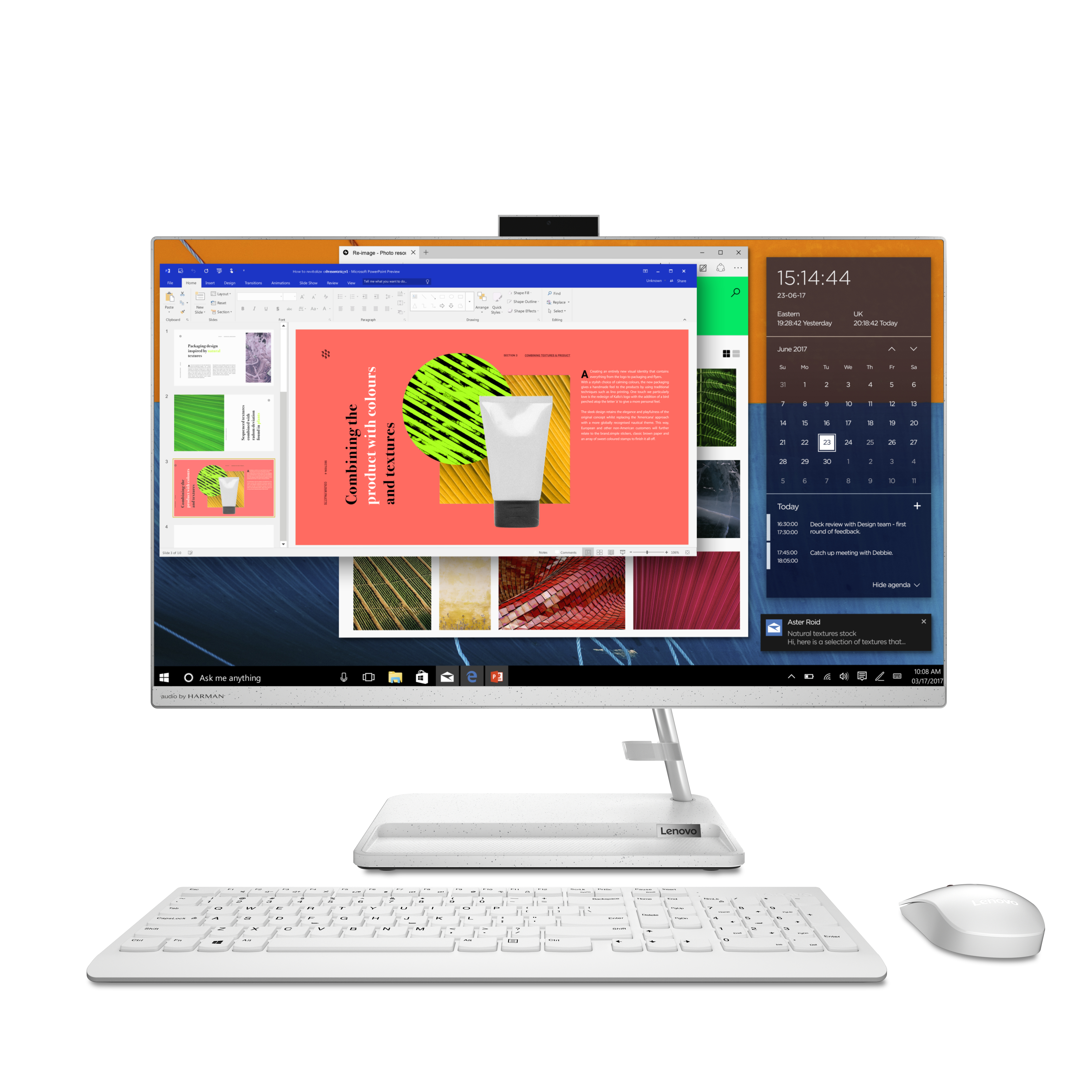 Biały komputer Lenovo all-in-one z klawiaturą i myszą. Ekran wyświetla dokumenty i kalendarz.