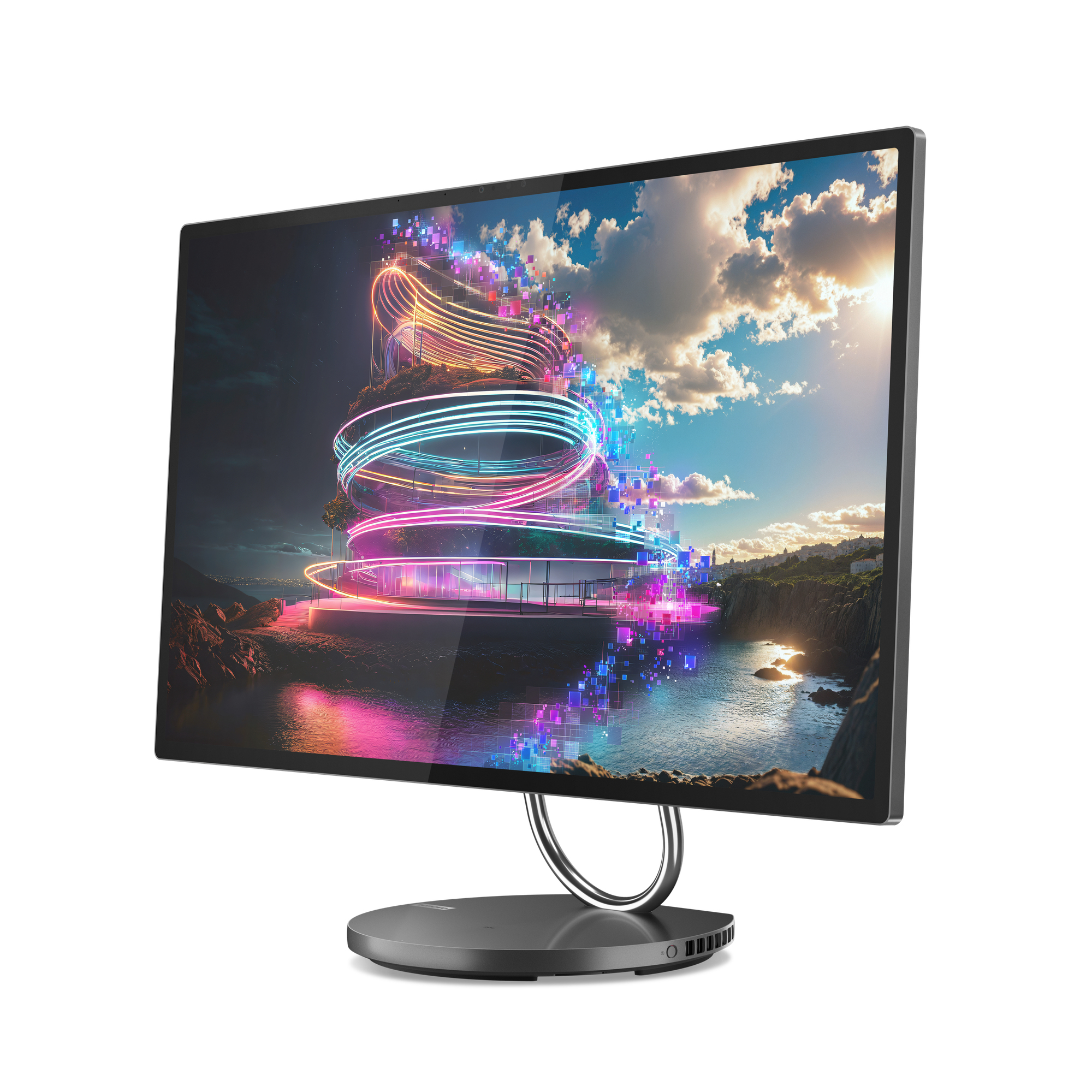 Widok z boku czarnego monitora z unikalną podstawą, wyświetlającego kolorową, abstrakcyjną scenę.