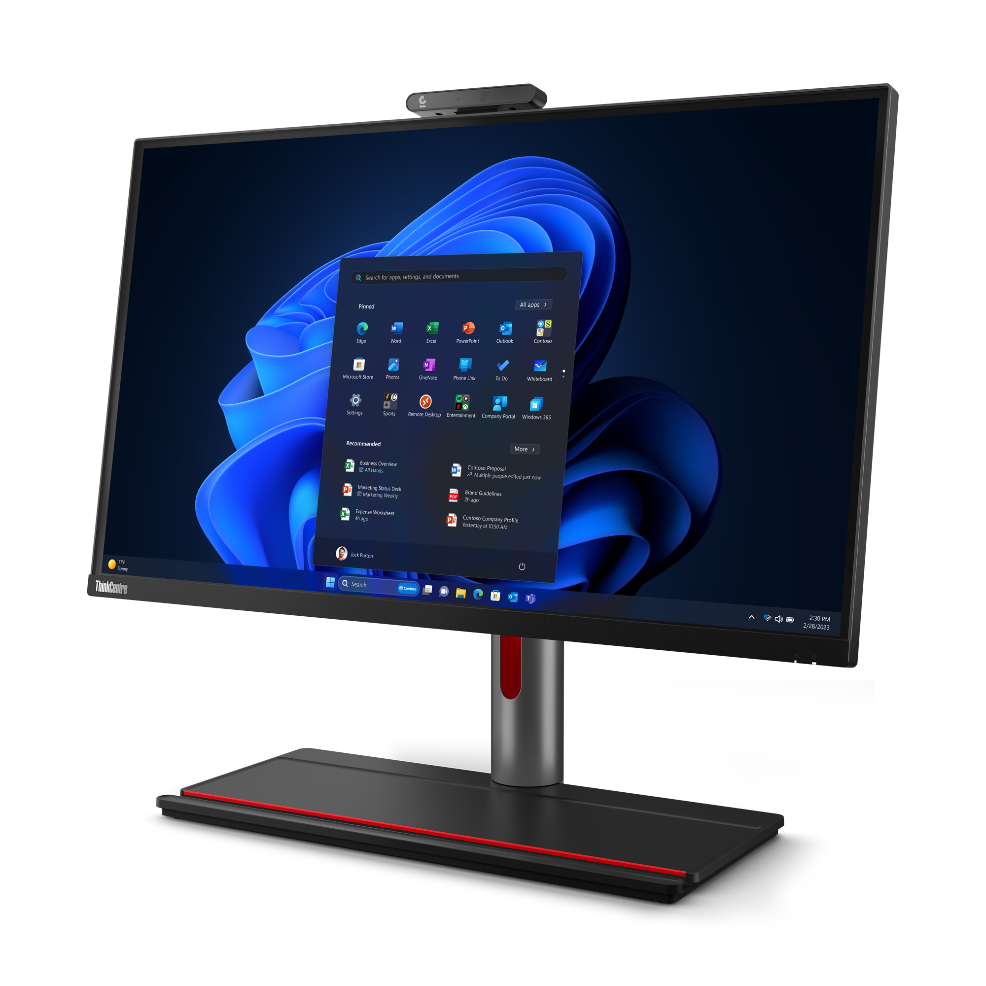 Komputer ThinkCentre all-in-one z interfejsem Windows na ekranie. Czarna podstawa z czerwonym detalem.