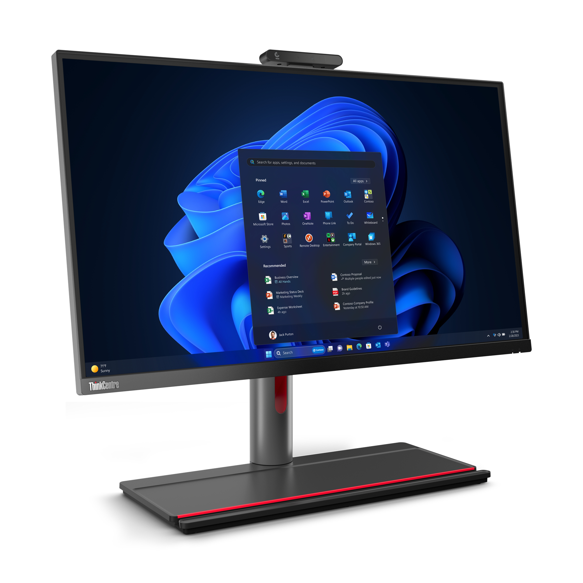 Komputer ThinkCentre all-in-one. Ekran wyświetla interfejs Windows 11 z paskiem wyszukiwania.