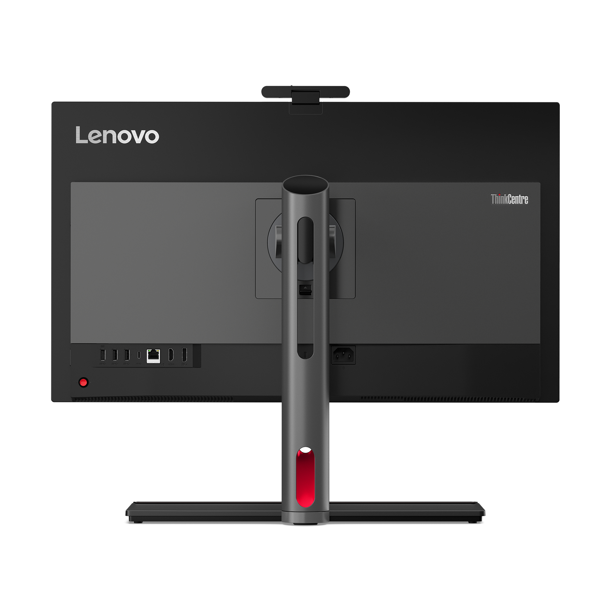 Tył czarnego komputera Lenovo all-in-one. Widoczne porty, podstawka i logo Lenovo.