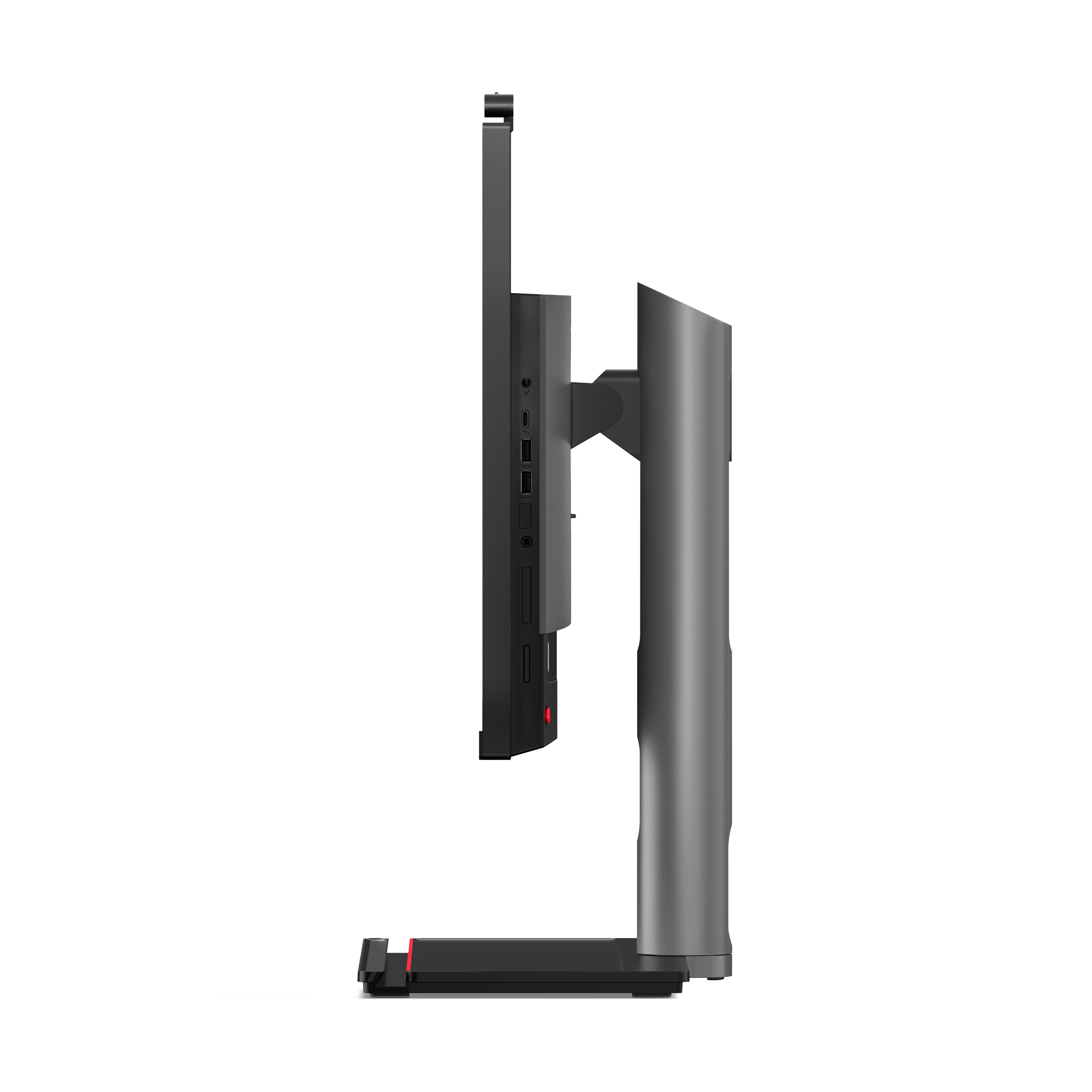 Widok z boku szarego monitora, czarnej podstawy i czerwonych akcentów. Białe tło.