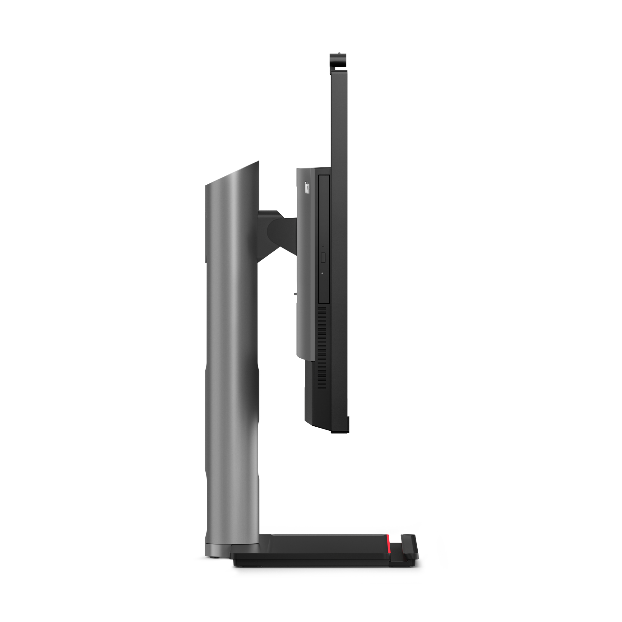 Widok z boku ciemnoszarego komputera all-in-one, pokazujący napęd CD.