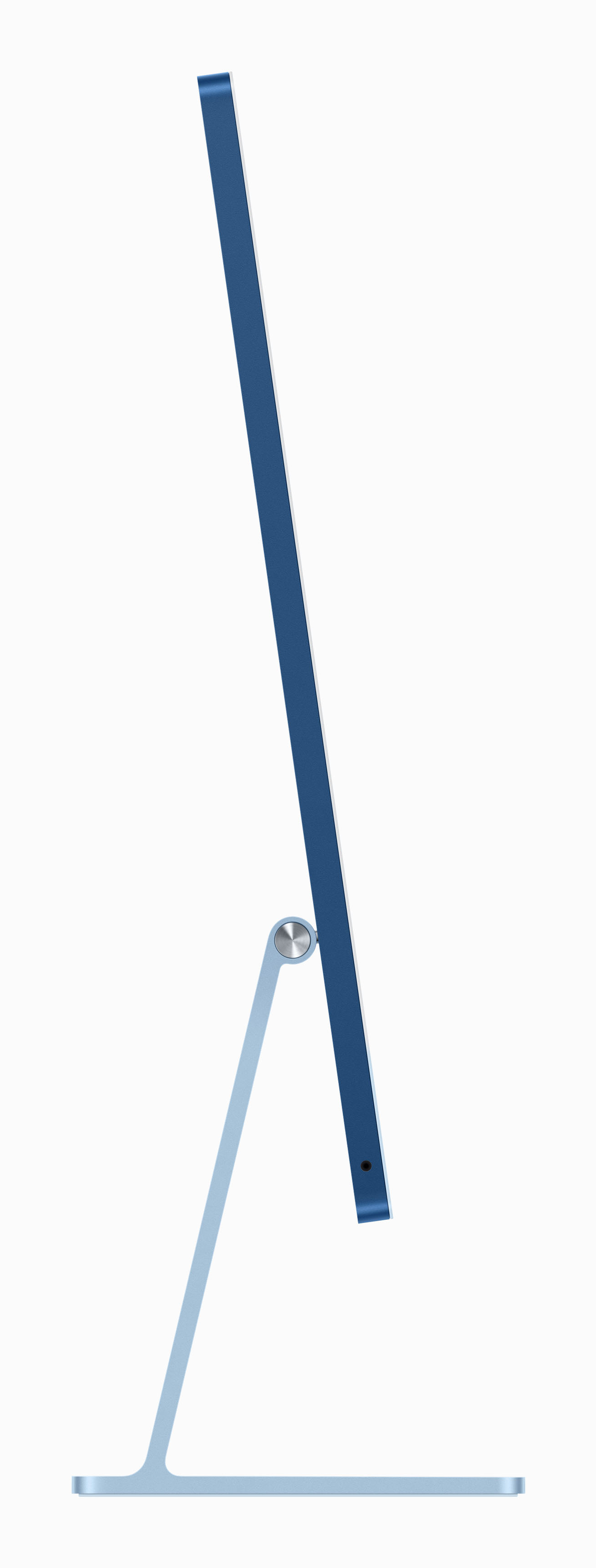 Vue latérale d'un iMac Apple bleu. Design fin avec support argenté. Fond blanc.