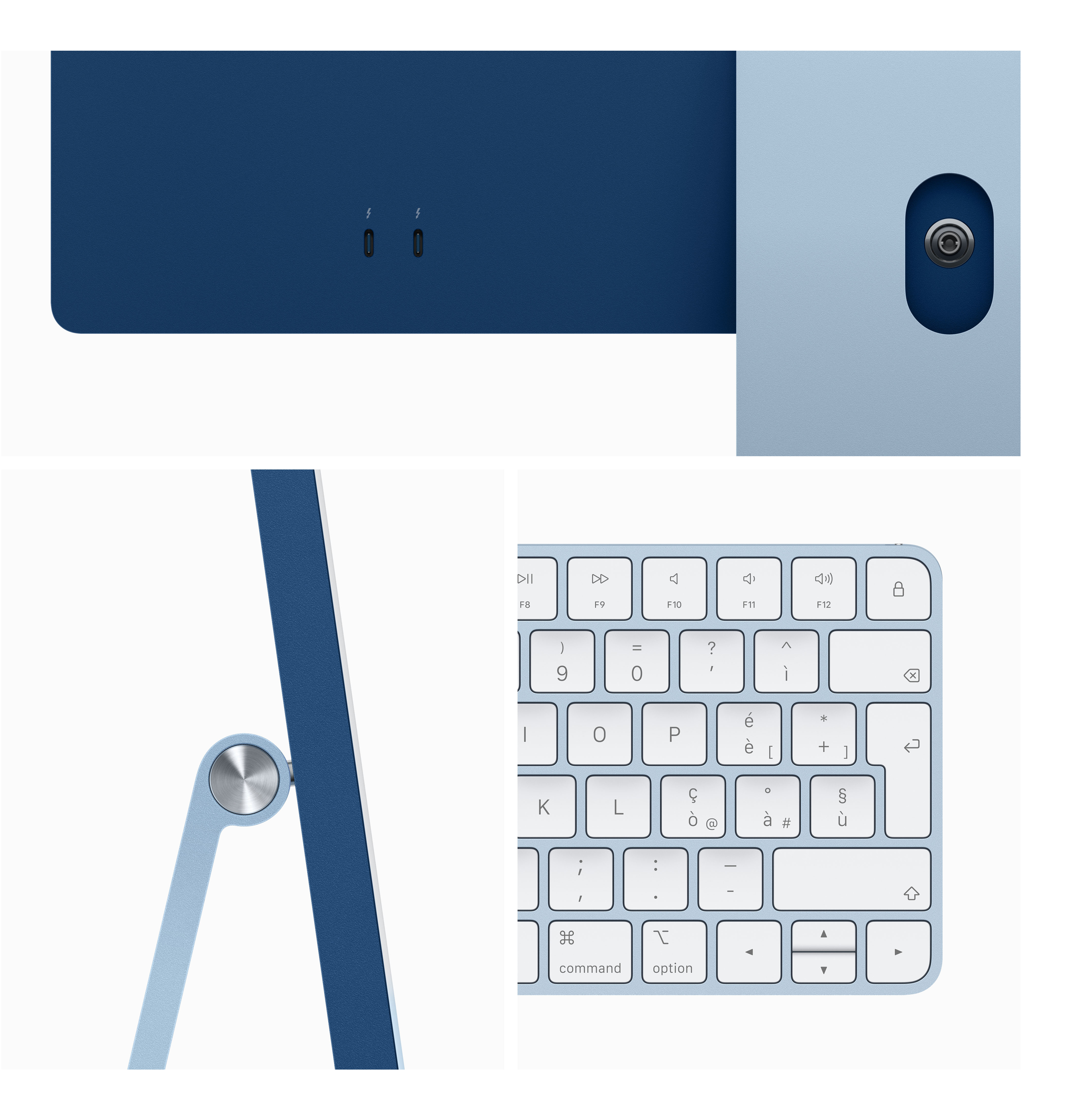 Gros plan d'un iMac bleu et blanc, montrant les détails de l'arrière, des ports, du clavier et de l'écran.