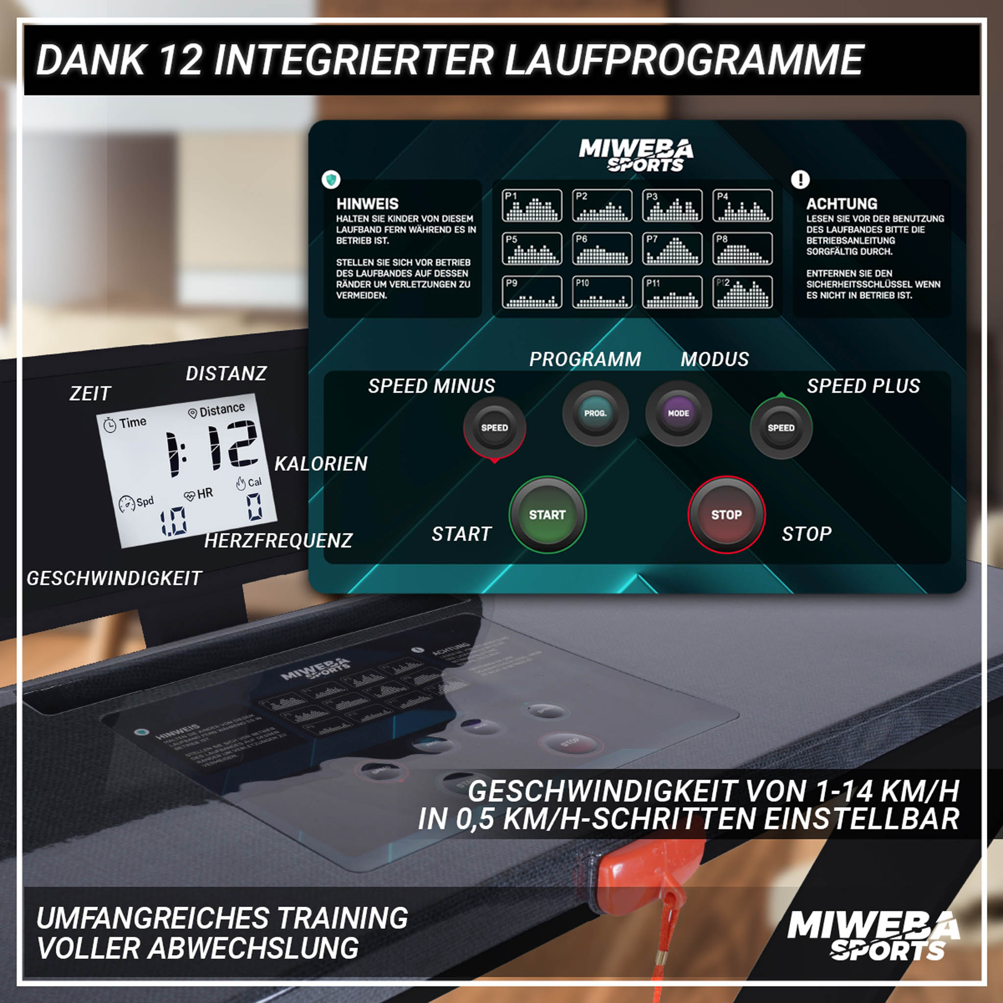 Ein Laufband-Bedienfeld mit verschiedenen Tasten und Anzeigen, wobei ein Fuß einer Person sichtbar ist.