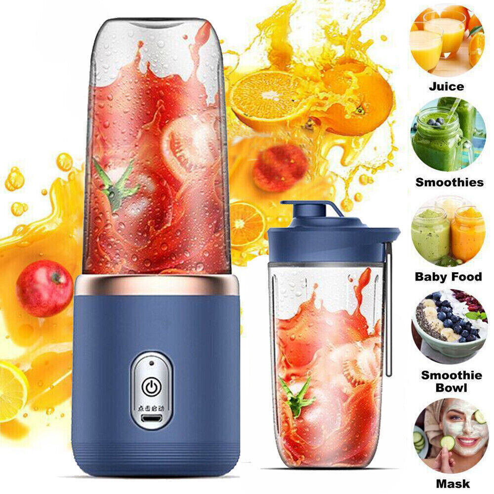 Blau-weißer Mixer mit Erdbeeren und anderen Früchten, mit Bildern verschiedener Smoothies.