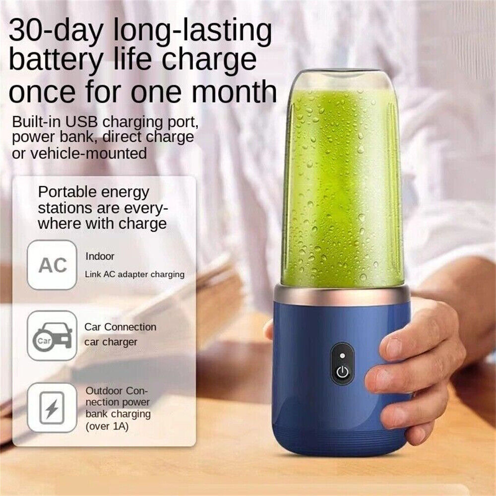 Blau-weißer tragbarer Mixer mit grüner Flüssigkeit. Text über USB-Laden und Akkulaufzeit.